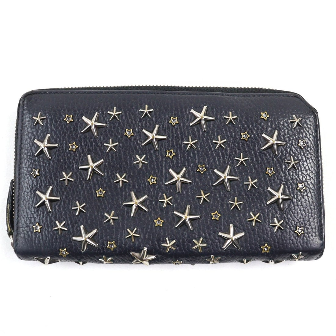 JIMMY CHOO Calfskin Leather Round Zip Wallet with Crystal Star Studs, Navy Blue, Made in Italy: --- Catalog ---Category: SizeSize (HxWxD): 11.5cm x 20cm / 4.52'' x 7.87''Category: DesignType: Coin purse/coin caseColor: NavyClosure: OpenCategory: GeneralBrand: Jimmy ChooCountry of Origin: Italy--