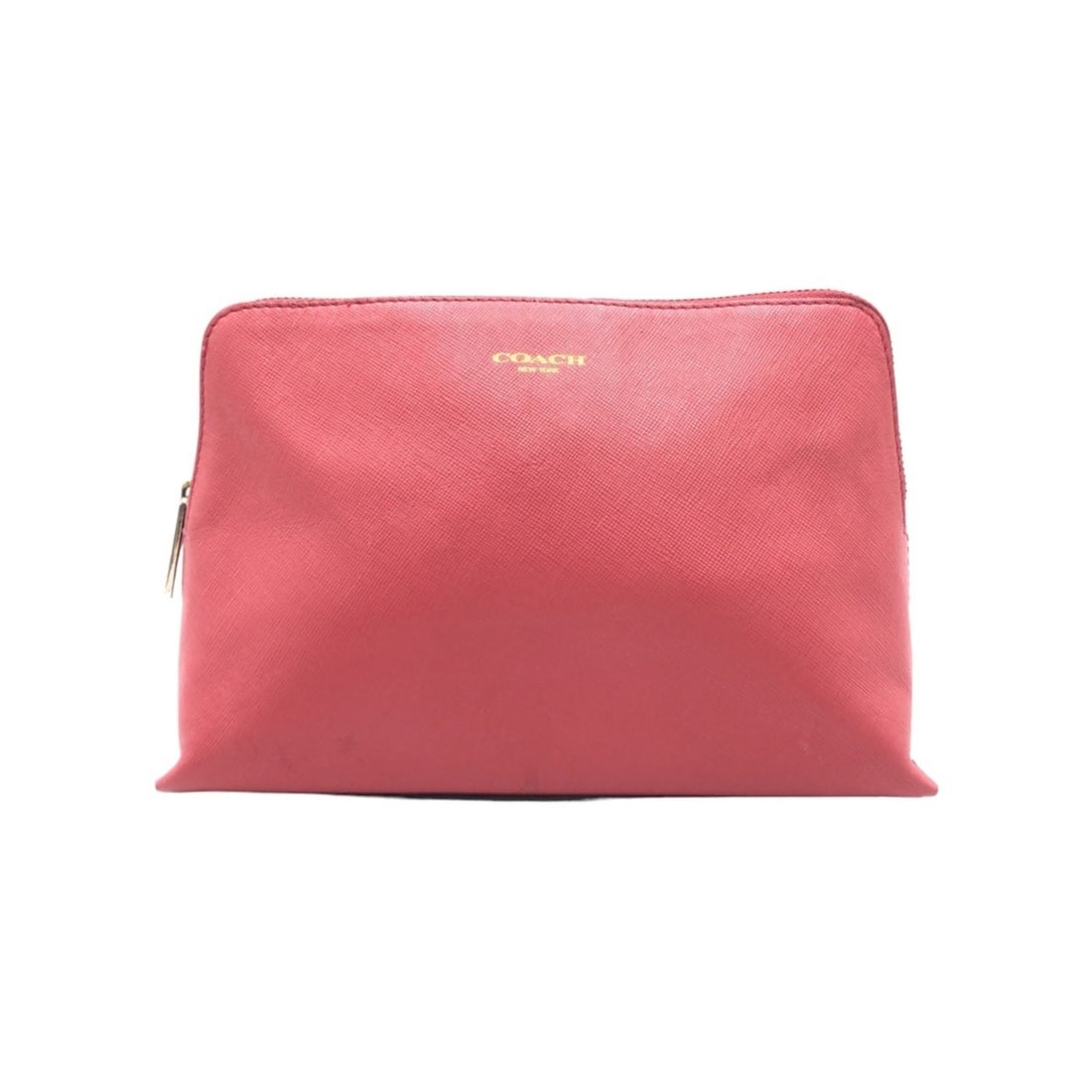 COACH Pink Gold Hardware Calfskin Pouch for Women: --- Catalog ---Category: SizeSize (HxWxD): 15.5cm x 25cm x 6cm / 6.1'' x 9.84'' x 2.36''Category: DesignType: PouchColor: PinkGender: WomenClosure: ZipperMaterial: Leather Hardware Color: GoldLeather/