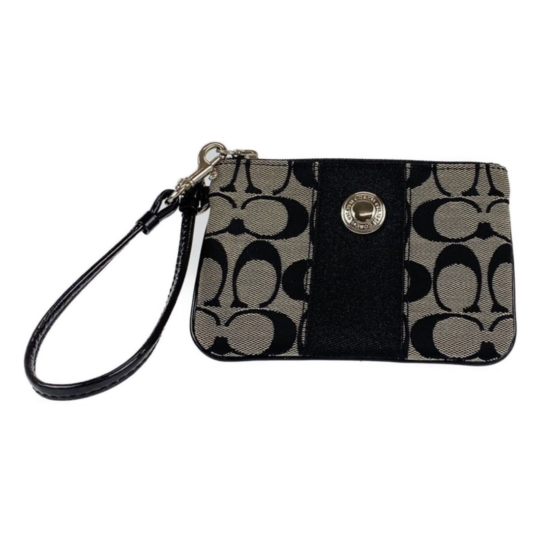 COACH Signature Black Silver Canvas Accessory Pouch Wristlet for Women: --- Catalog ---Category: SizeSize (HxWxD): 10.5cm x 15cm x 2cm / 4.13'' x 5.9'' x 0.78''Category: DesignType: PouchColor: BlackGender: WomenClosure: ZipperMaterial: Canvas Hardware Color: SilverCatego
