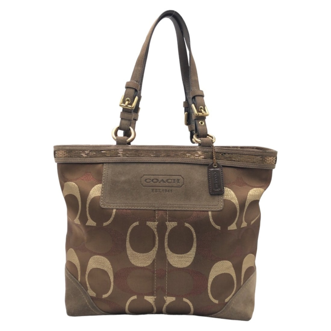 COACH Signature Brown Gold Hardware Canvas 10445 Tote Bag Handbag for Women: --- Catalog ---Category: SizeSize (HxWxD): 25cm x 36cm x 11cm / 9.84'' x 14.17'' x 4.33''Handle Length: 51cm / 20.07''Category: DesignType: Handbag, Tote bagColor: BrownGender: WomenClosure: ZipperMat