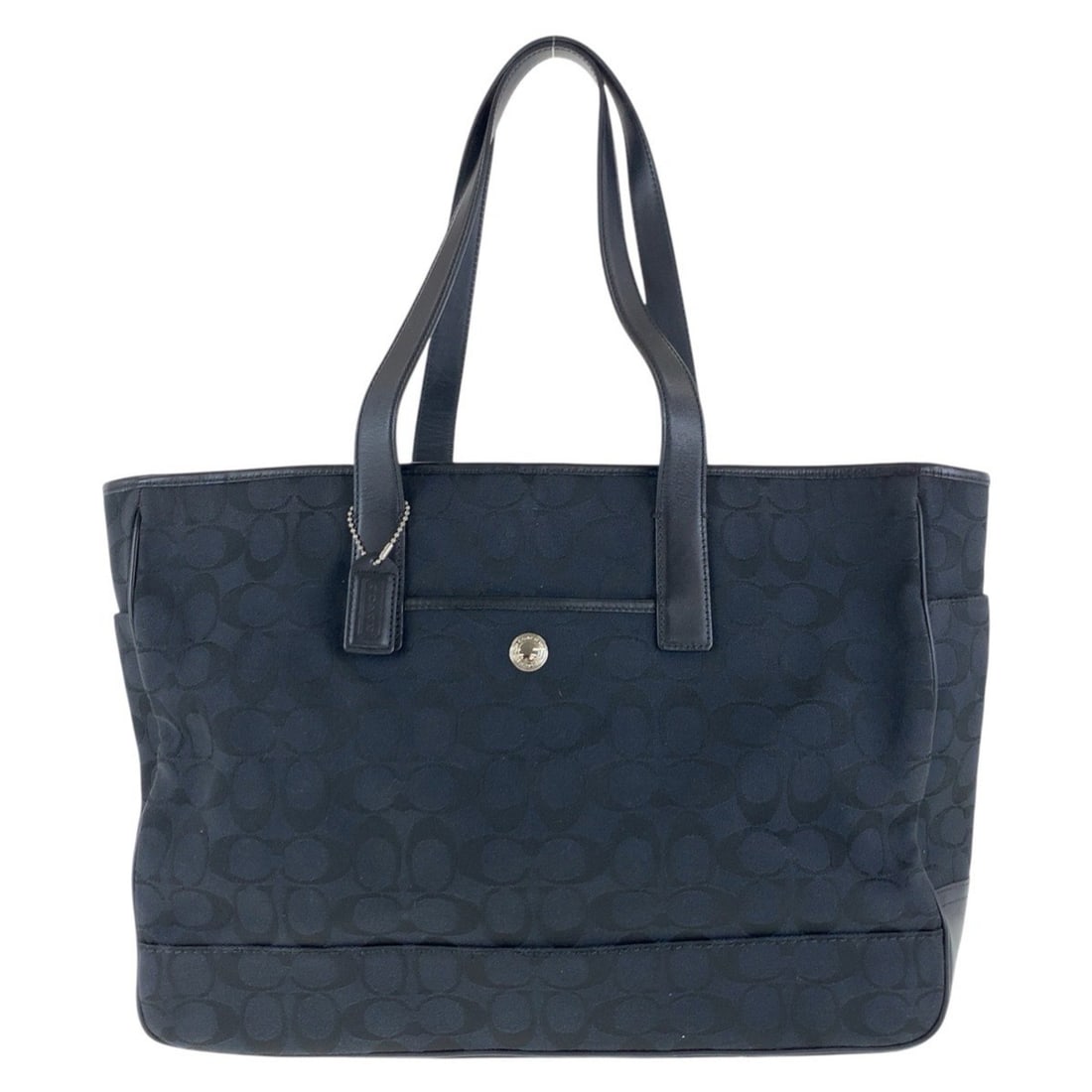 COACH Signature Black Silver Hardware Canvas Leather Tote Bag Shoulder for Women: --- Catalog ---Category: SizeSize (HxWxD): 29cm x 45cm x 11cm / 11.41'' x 17.71'' x 4.33''Category: DesignType: Shoulder bag, Tote bagColor: BlackGender: WomenMaterial: Canvas , Leather Category: Gene