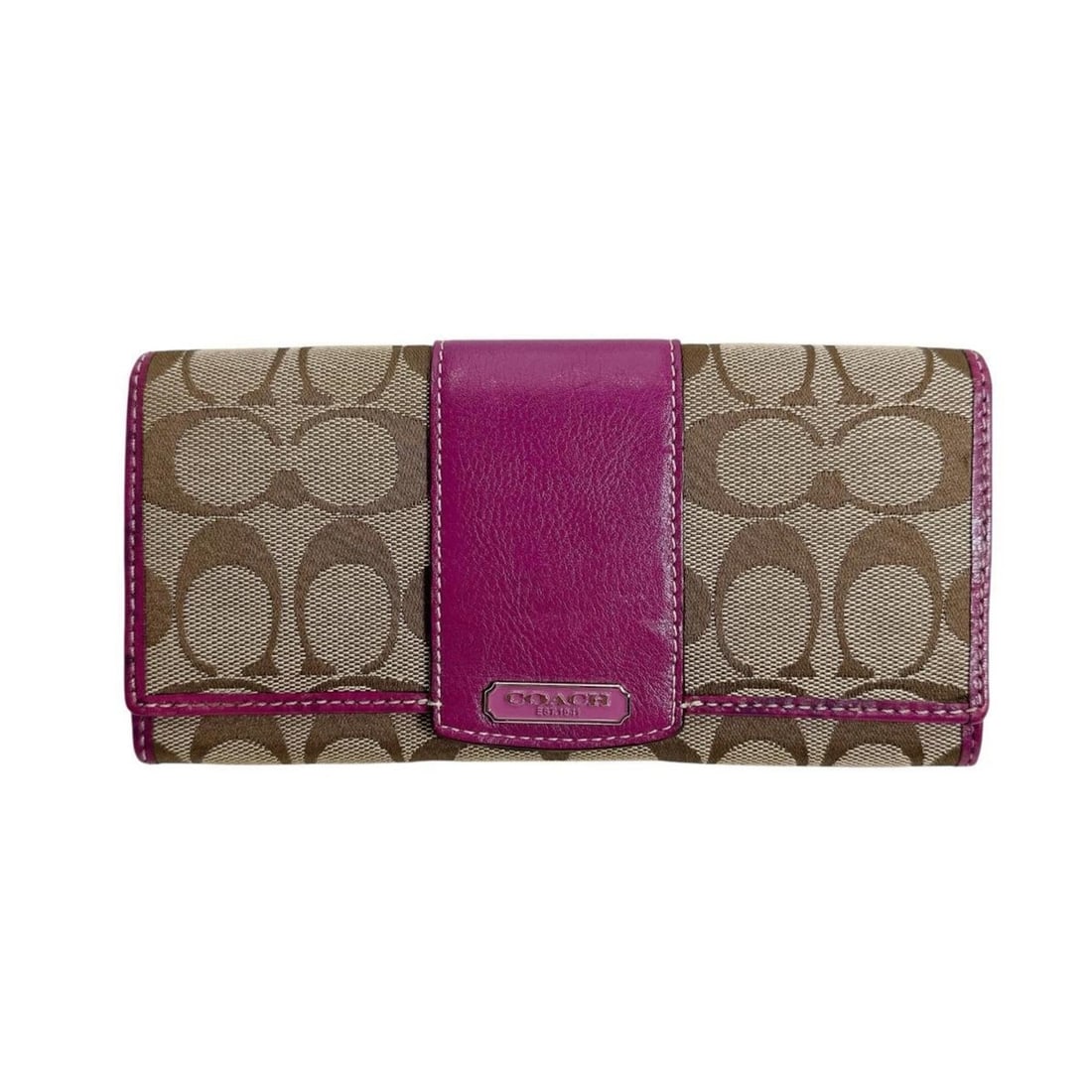 Coach Signature Canvas Long Wallet 43412 Brown and Purple: --- Catalog ---Category: SizeSize (HxWxD): 9cm x 19cm x 2.5cm / 3.54'' x 7.48'' x 0.98''Category: DesignType: Long wallet (bi-fold)Color: Brown, PurpleGender: WomenMaterial: Signature line Category: G