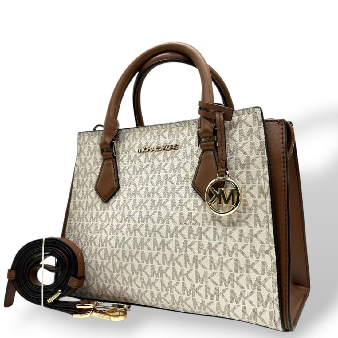 MICHAEL KORS 2-Way Handbag/Shoulder Bag with Signature MK Logo Charm, Brown/Beige Leather Gold (1 of 20)