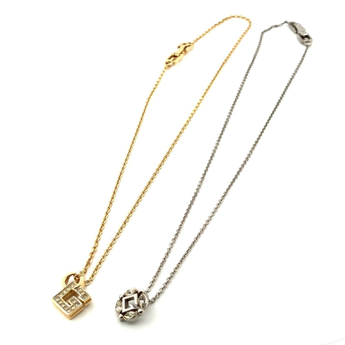 GIVENCHY Rhinestone Necklace with G Logo in Gold and Silver Plated: --- Catalog ---Category: SizePendant Size: 11mm x 11mm / 0.43'' x 0.43''Neck Circumference: 41 cm / 16.14''Category: DesignColor: Gold, SilverGender: WomenNecklace Type: NecklaceCategory:
