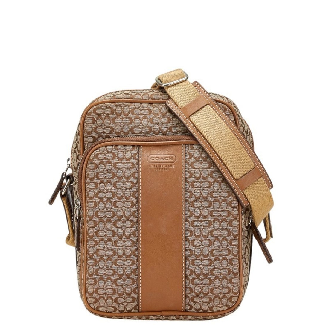Coach Mini Signature Crossbody Shoulder Bag in Beige and Brown Canvas Leather for Women: --- Catalog ---Category: SizeSize (HxWxD): 22.5cm x 16cm x 7cm / 8.85'' x 6.29'' x 2.75''Category: DesignType: Shoulder bagColor: Beige, BrownGender: WomenMaterial: Canvas , Leather Category: