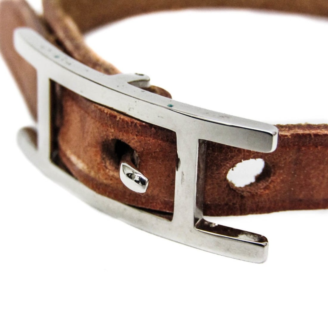 Hermes Api Leather,Metal Bangle Brown,Silver - 4