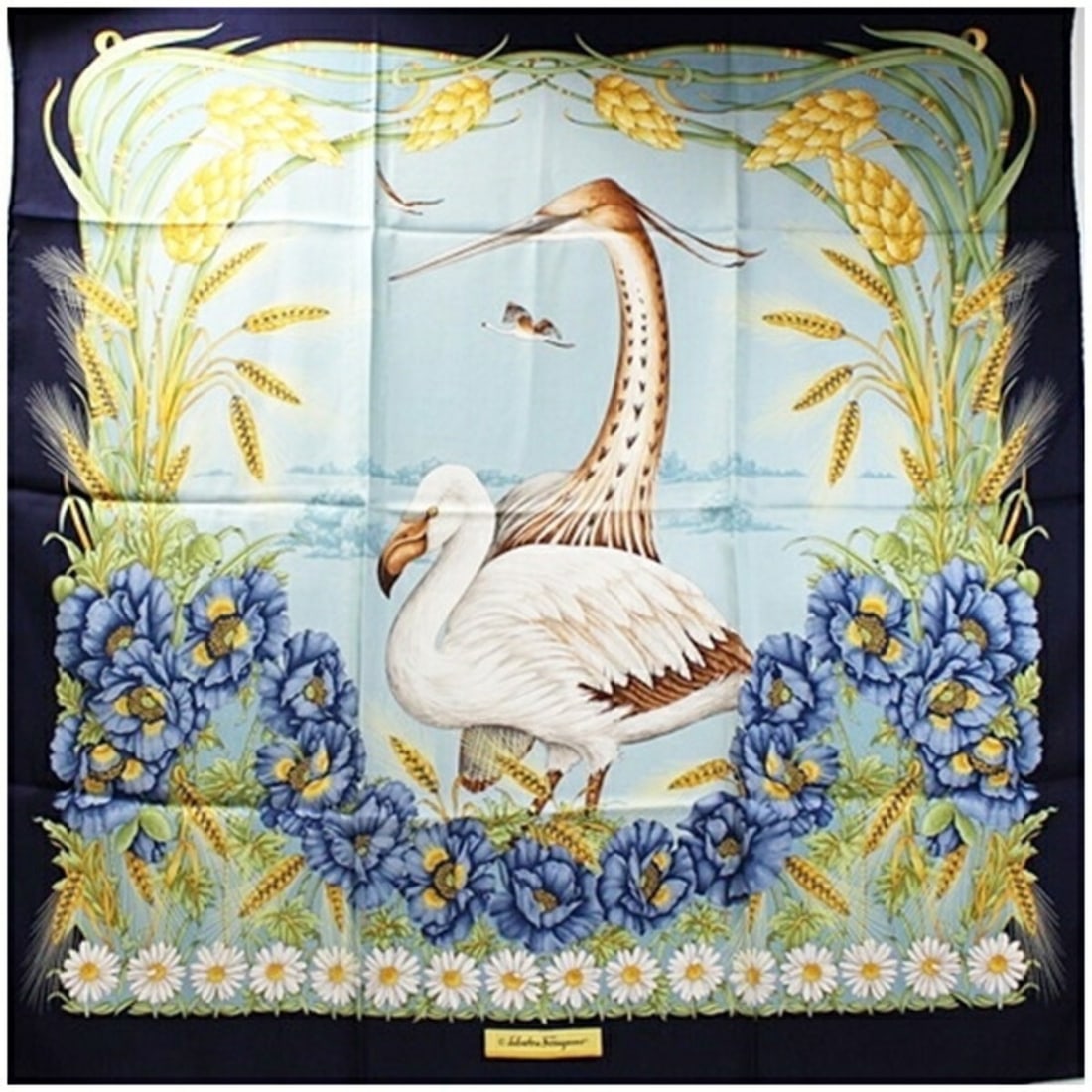 Salvatore Ferragamo Silk Scarf Muffler Bird Navy x Light Blue Women's (1 of 8)