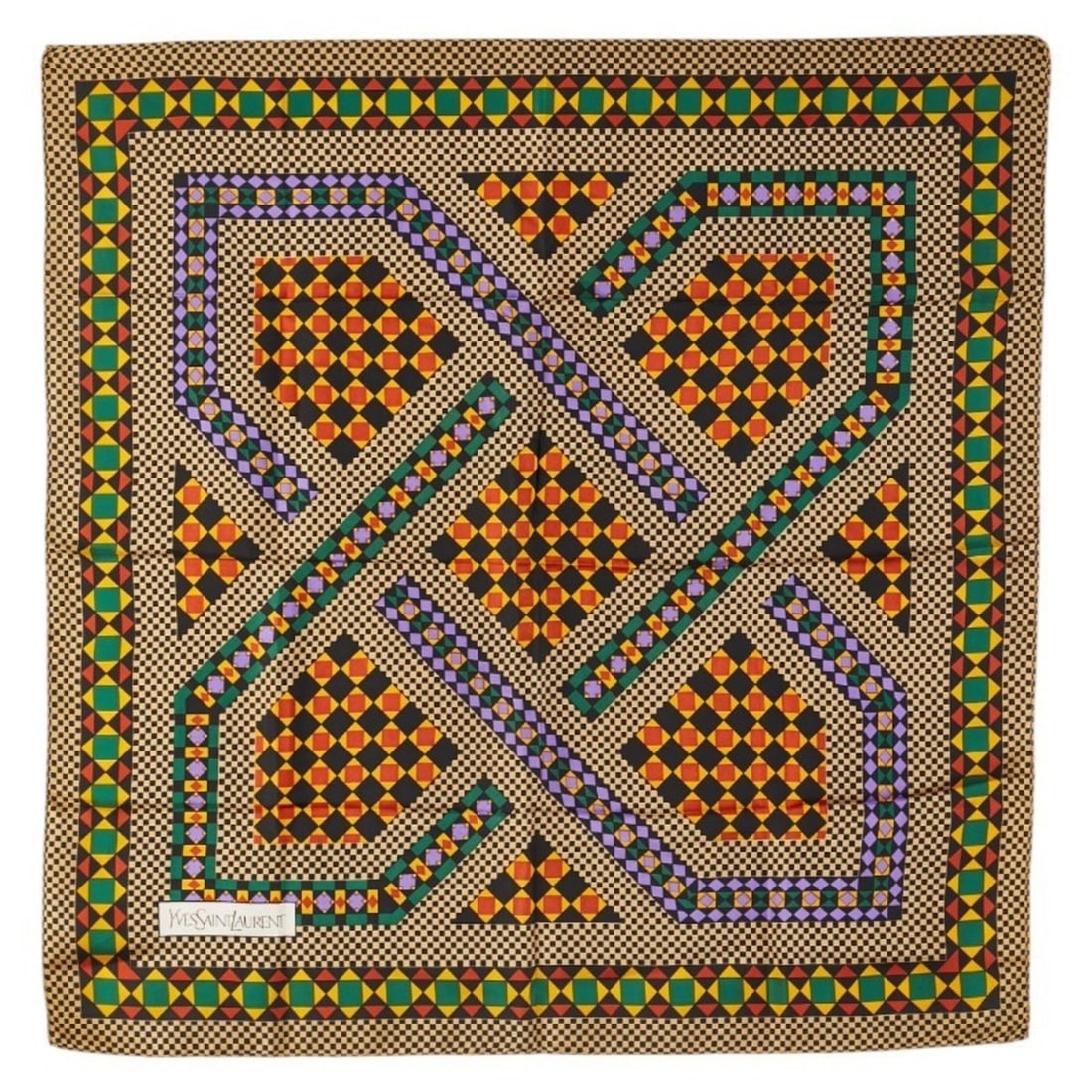Saint Laurent geometric motif scarf, beige, black, multicolor, silk, women's, SAINT LAURENT (1 of 5)