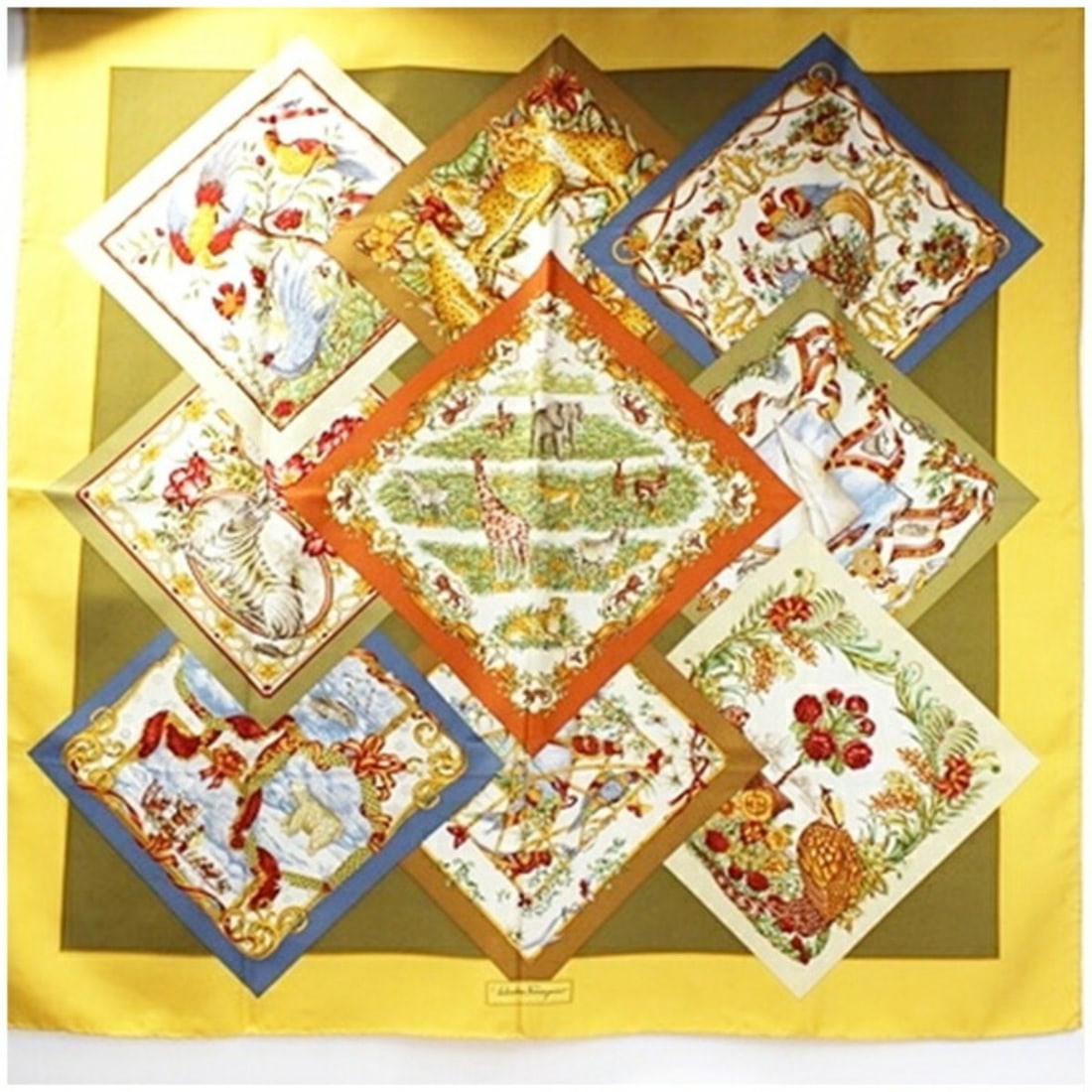 Salvatore Ferragamo scarf, khaki x multicolor, animal and bird pattern, Ferragamo, women's (1 of 8)