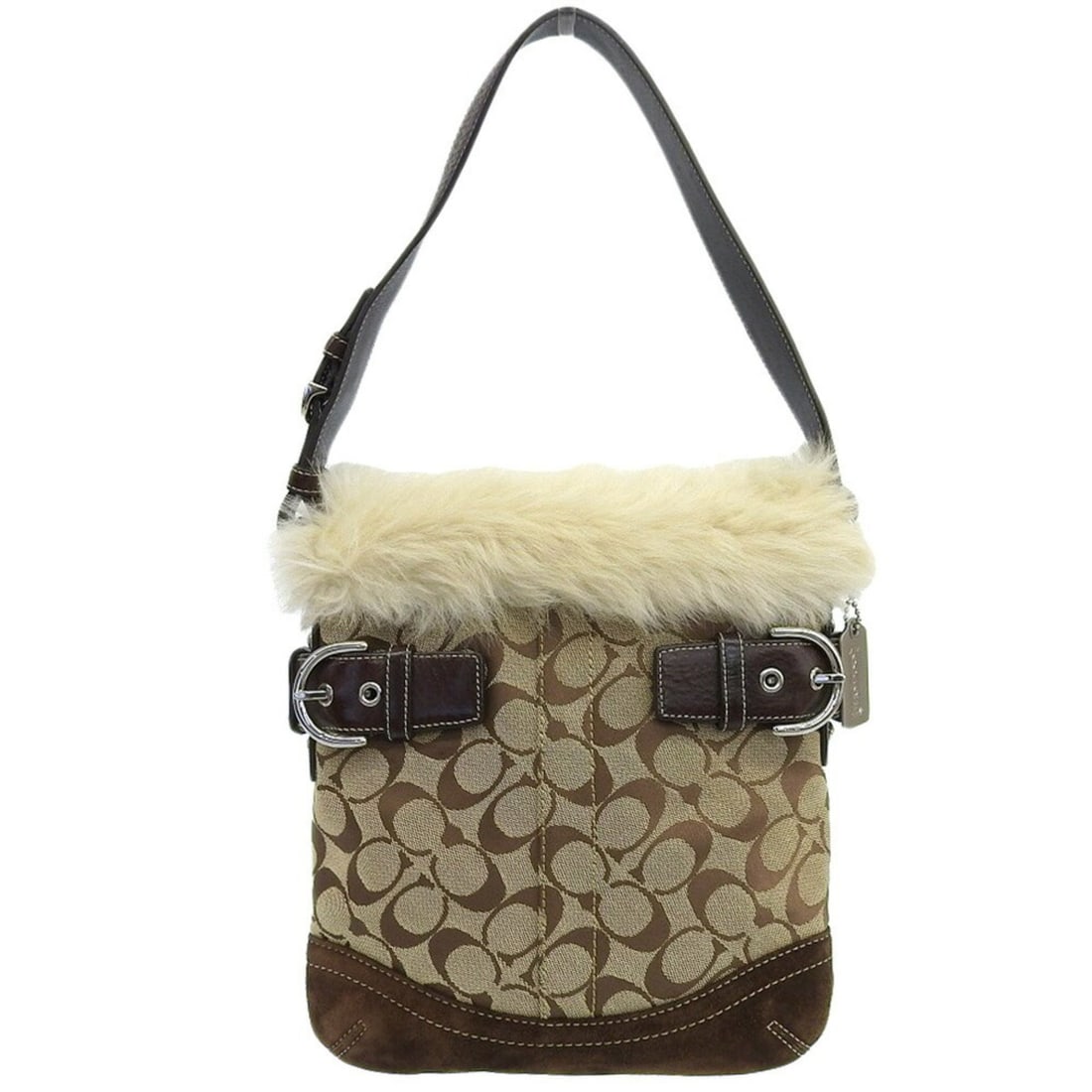 COACH Signature Fur Bag 8K47 Canvas Suede Leather Winter: --- Catalog ---Category: SizeSize (HxWxD): 27cm x 23.5cm x 2.5cm / 10.62'' x 9.25'' x 0.98''Category: DesignType: Shoulder bagColor: Beige, BrownGender: WomenMaterial: Canvas , Suede , Leather Categor