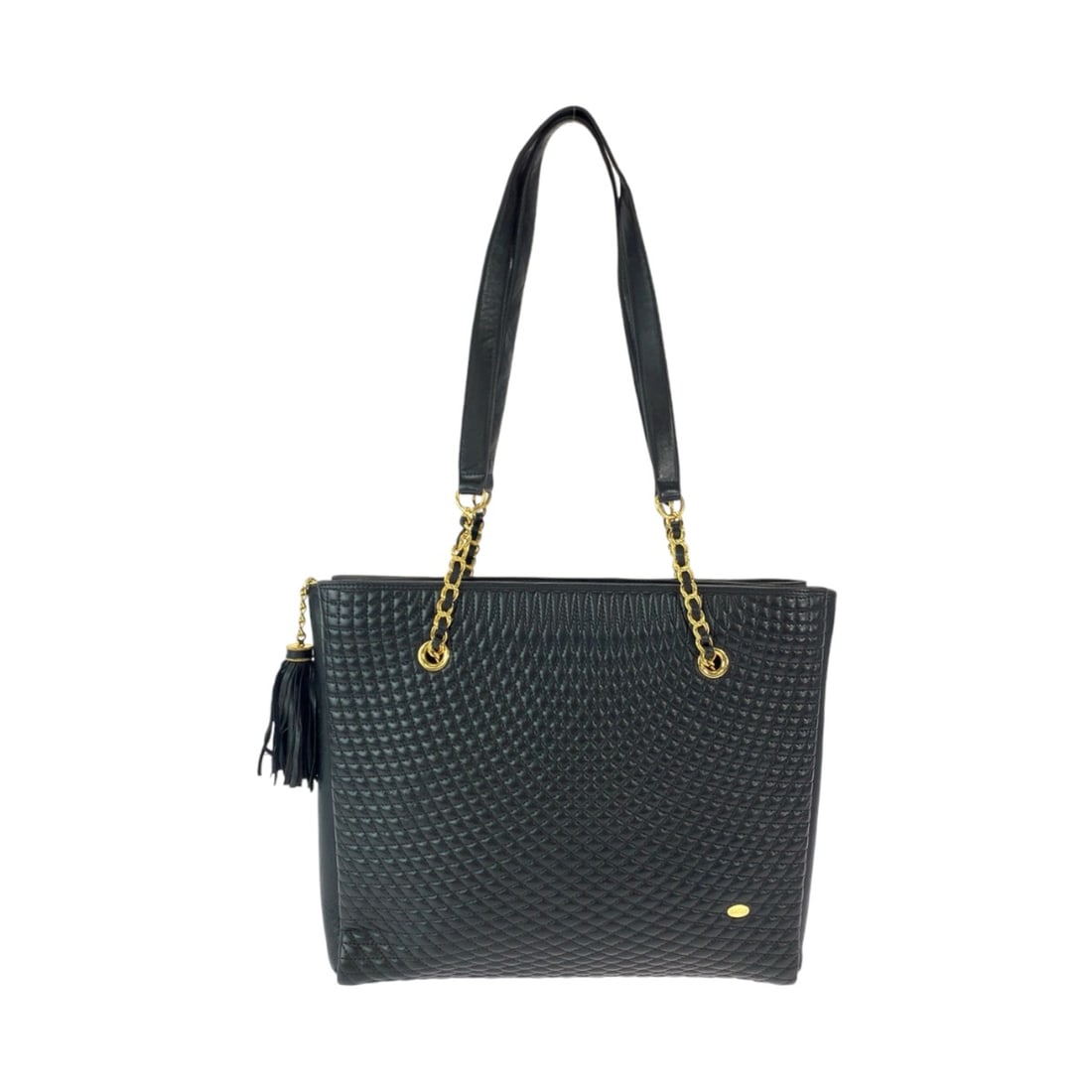 BALLY Vintage quilted fringe black gold hardware leather chain tote bag shoulder for women: --- Catalog ---Category: SizeSize (HxWxD): 27cm x 30cm x 9cm / 10.62'' x 11.81'' x 3.54''Handle Length: 78cm / 30.7''Category: DesignType: Shoulder bagColor: BlackGender: WomenSeason: VintageMaterial: