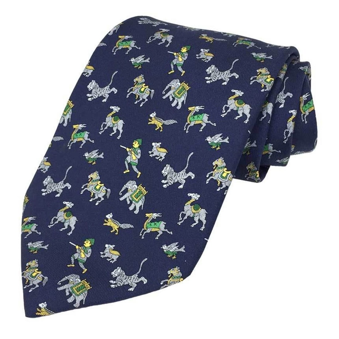 Hermes HERMES Tie Hunting Tiger Elephant 100% Silk Navy Men's (1 of 9)
