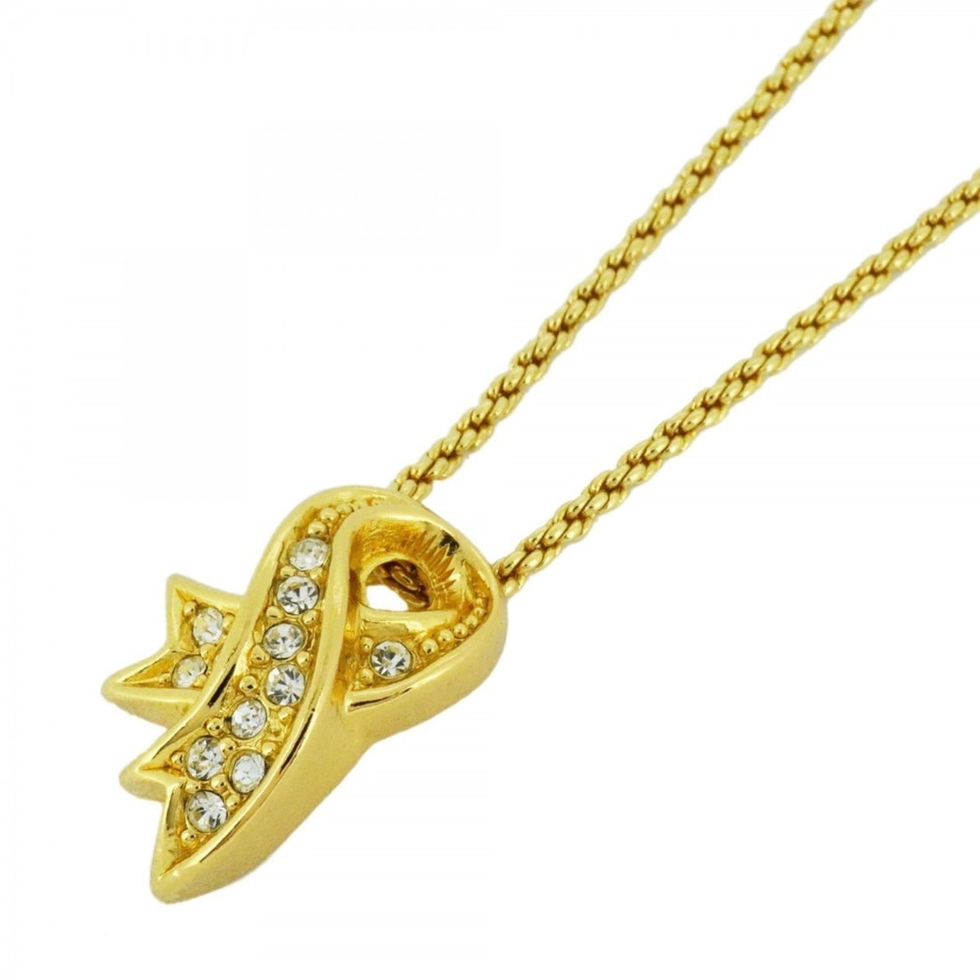 Christian Dior Necklace Ribbon Motif GP Plated Rhinestone Gold Ladies: --- Catalog ---Category: SizePendant Size: 19.3mm x 12.3mm / 0.75'' x 0.48''Neck Circumference: 38.5 cm - 43 cm / 15.15'' - 16.92''Category: DesignColor: GoldStone: RhinestoneGender: WomenMaterial: Go