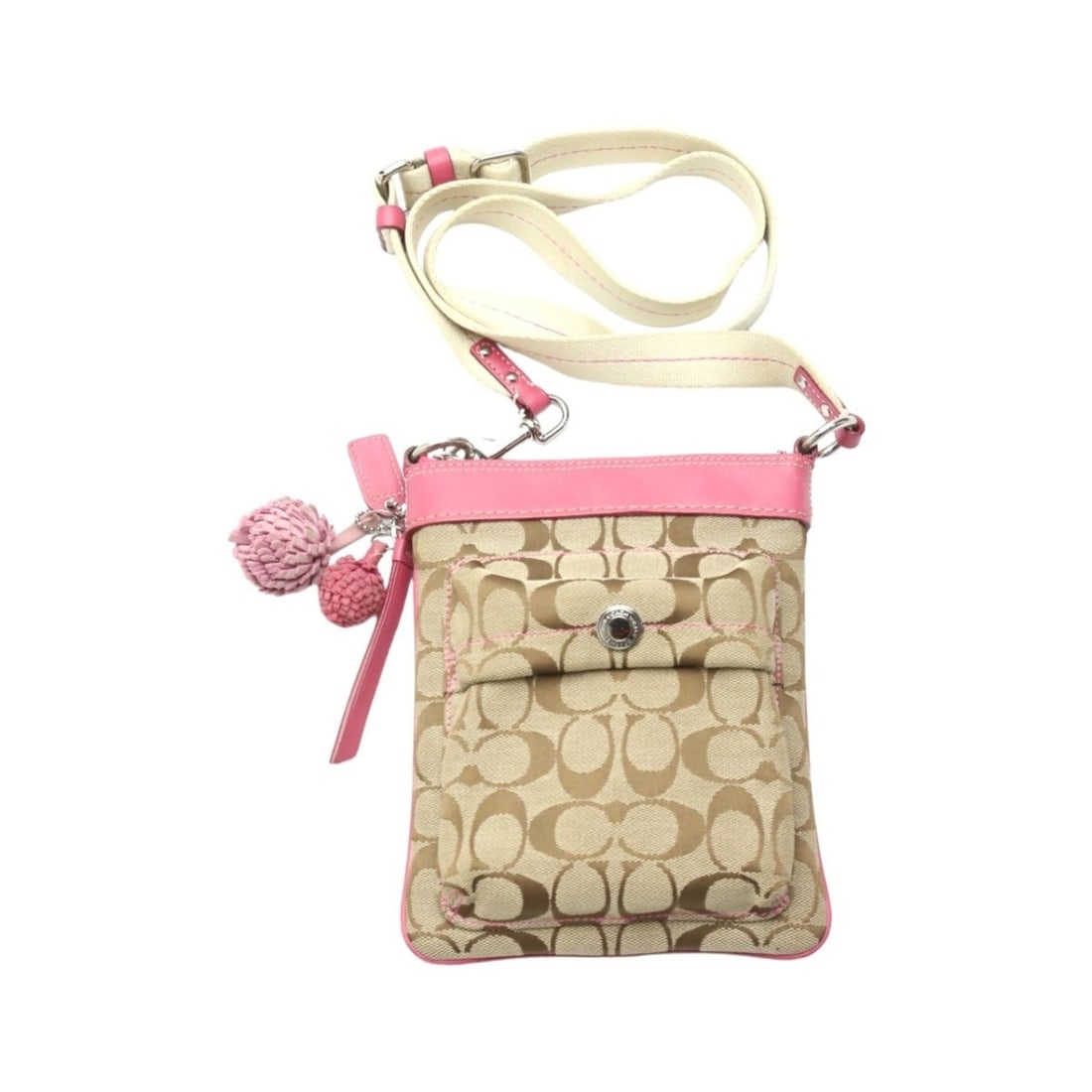 Coach Signature Canvas and Leather Shoulder Bag 7082 Khaki Pink: --- Catalog ---Category: SizeSize (HxWxD): 21.5cm x 17.5cm x 1cm / 8.46'' x 6.88'' x 0.39''Category: DesignType: Shoulder bagColor: Khaki, PinkGender: WomenMaterial: Leather Category: GeneralMPN: 7082