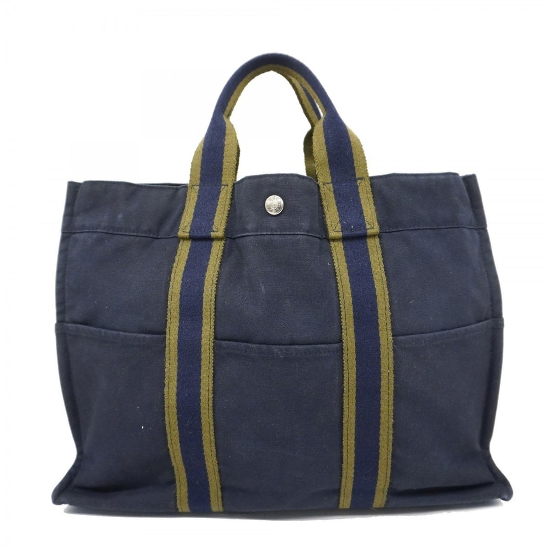 Hermes Tote Bag Foult MM Canvas Navy Green Men's Women's: --- Catalog ---Category: SizeSize (HxWxD): 31cm x 42cm x 11cm / 12.2'' x 16.53'' x 4.33''Category: DesignType: Tote bagColor: Green, NavyGender: Men,WomenMaterial: Canvas Hardware Color: SilverCategor