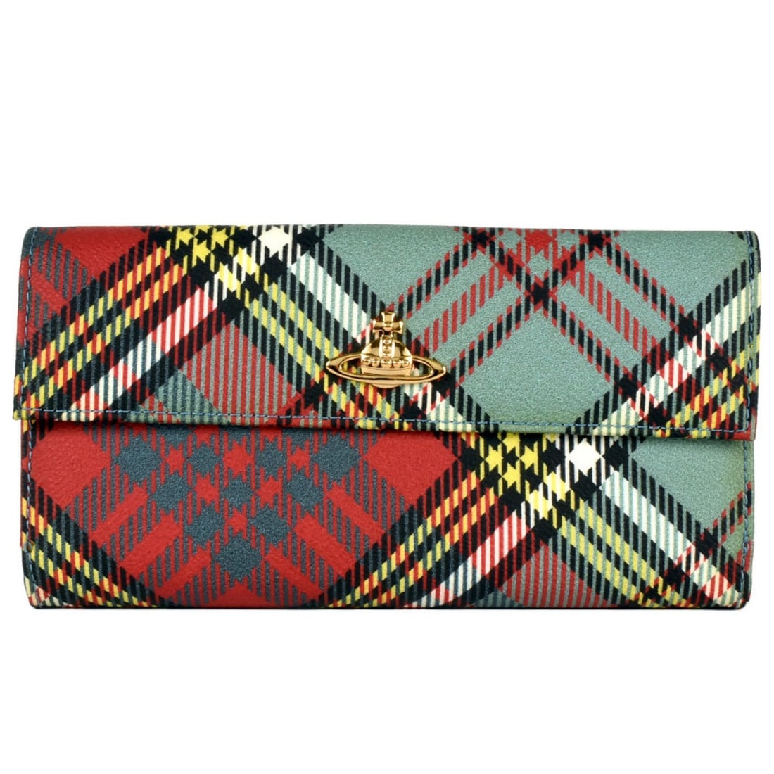 Vivienne Westwood Long Wallet PVC Leather Multicolor Check Red Green Yellow: --- Catalog ---Category: SizeSize (HxWxD): 10cm x 18.5cm / 3.93'' x 7.28''Category: DesignType: Coin purse/coin caseColor: Green, Multi-color, Red color, YellowGender: Men,WomenMaterial: PVC , Leather