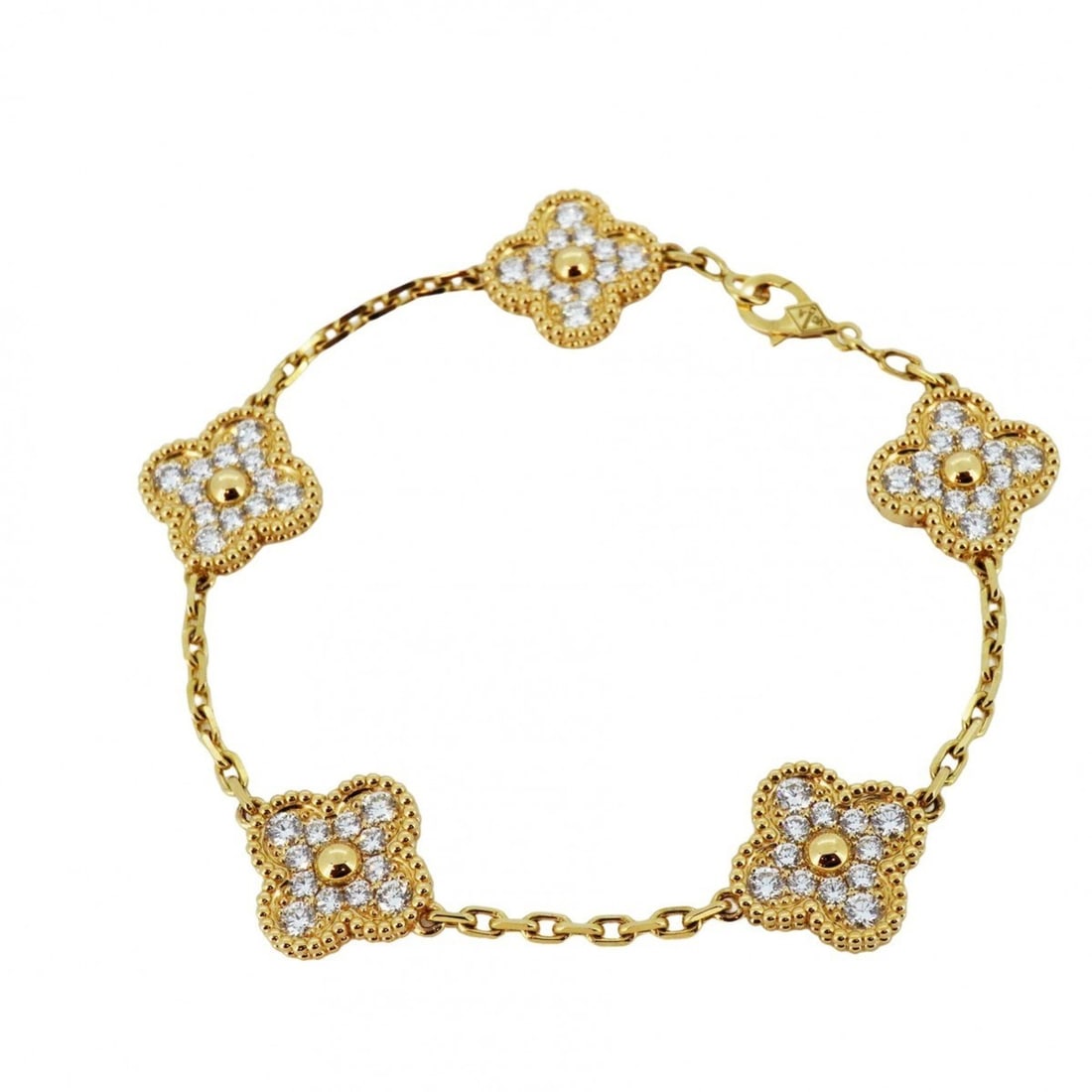Van Cleef & Arpels Bracelet Alhambra 5 Motifs K18YG Yellow Gold Diamond Ladies: --- Catalog ---Category: SizeLength: 18cm / 7.08''Category: DesignType: Charm braceletStone: DiamondGender: WomenMaterial: Yellow gold (18K)Category: GeneralBrand: Van Cleef & Arpels--- Item List ---S