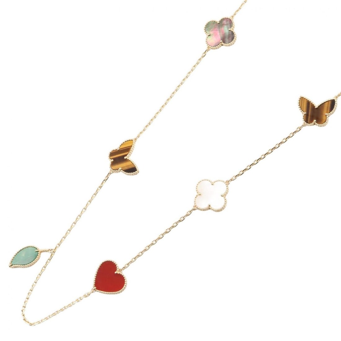 Van Cleef & Arpels Lucky Alhambra Long Necklace, 12 Motifs, 18K Yellow Gold, Carnelian, Tiger's Eye,: --- Catalog ---Category: SizePendant Size: 20mm x 20mm / 0.78'' x 0.78''Neck Circumference: 88.5 cm / 34.84''Category: DesignColor: Green, White, YellowStone: Carnelian, Malachite, Tiger's eyeGender: