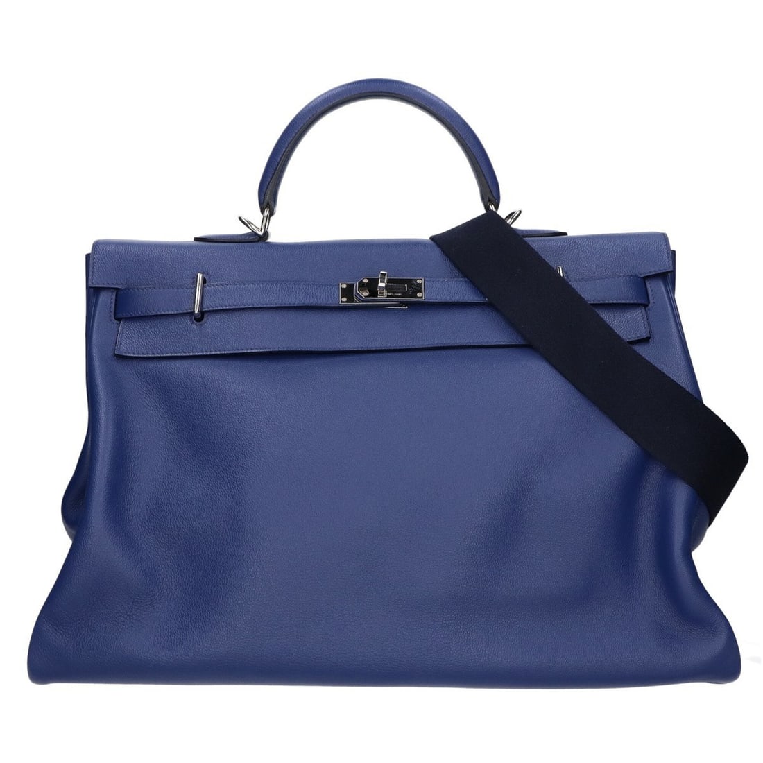 HERMES Kelly 50 Voyage Evercolor Travel Bag with Shoulder Strap, Blue Ancre, Silver Hardware, Men's: --- Catalog ---Category: SizeSize (HxWxD): 35cm x 50cm x 21cm / 13.77'' x 19.68'' x 8.26''Category: DesignType: HandbagColor: BlueGender: MenHardware Color: SilverCategory: GeneralBrand: Hermes---