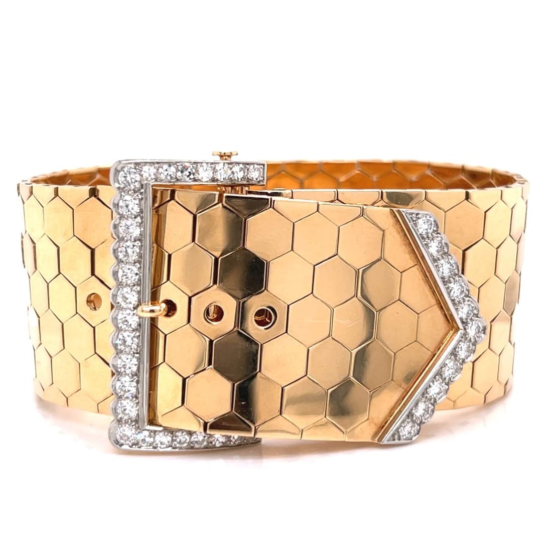 1960’s French 18K Yellow Gold Diamond Bracelet: 1960’s French 18K Yellow Gold Diamond BraceletWeighing 135.6 gramsSet with 37 Diamonds weighing app. 2.60 Ct.F-G Color, VVS-VS Clarity9.25 x 1.25 inches