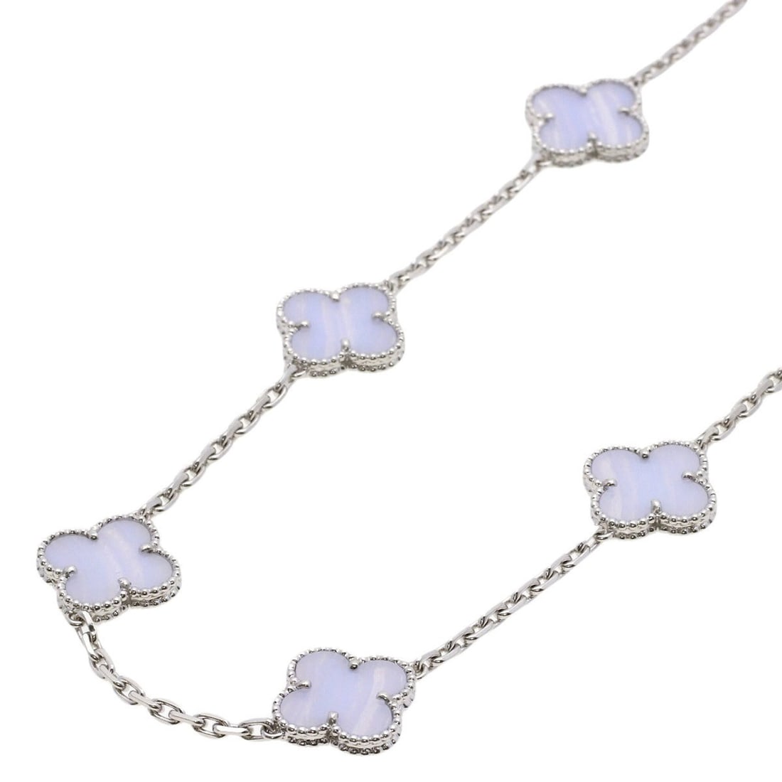 Van Cleef & Arpels Vintage Alhambra 10P Chalcedony Necklace 18K White Gold Women's: --- Catalog ---Category: SizeNeck Circumference: 42 cm / 16.53''Category: DesignColor: White goldStone: ChalcedonyGender: WomenMaterial: White gold (18K)Necklace Type: NecklaceCategory: GeneralBrand: 