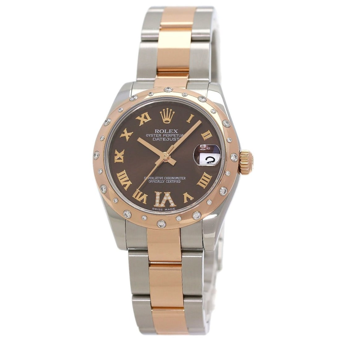 Rolex Datejust 31 178341 Chocolate Dial VI Diamond Watch in Stainless Steel/Stainless Steel Everose: --- Catalog ---Category: SizeWrist Size: 17cm / 6.69''Case Diameter: 40.2mm / 1.58''Category: DesignType: WristwatchGender: MenDisplay: AnalogGemstone: DiamondColor (Dial): Chocolate brownMaterial (Ba
