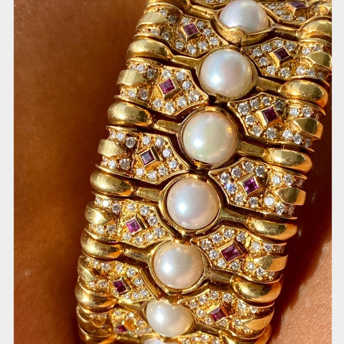 18K Yellow Gold Diamond Ruby and Pearl Bangle - 3