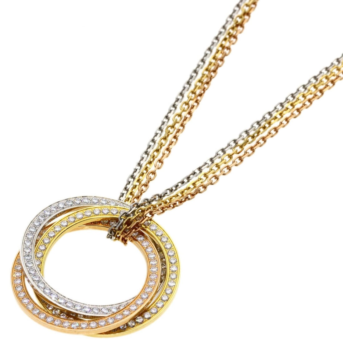 Cartier Trinity Diamond 3 Row N3027000 Necklace 18K Yellow Gold K18PG K18WG Women's CARTIER: --- Catalog ---Category: SizePendant Size: 26.5mm x 26.5mm / 1.04'' x 1.04''Neck Circumference: 55 cm / 21.65''Category: DesignStone: DiamondGender: WomenMaterial: Pink gold (18K), White gold (18K),