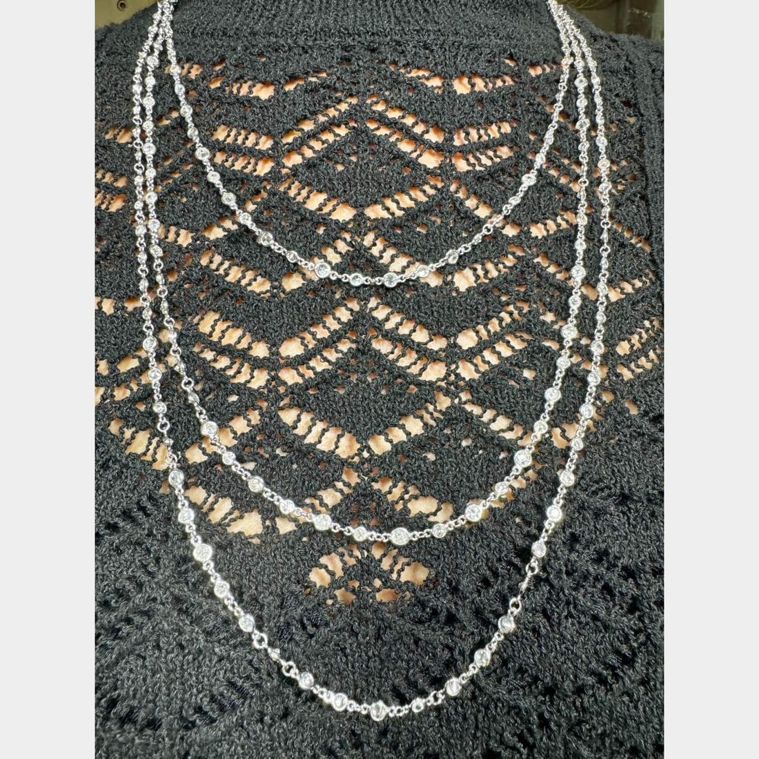 Platinum 17.50 Ct. Diamond by the Yard Necklace: Platinum 17.50 Ct. Diamond by the Yard NecklaceWeighing 24.1 gramsSet with 113 Diamonds weighing app. 17.50 Ct.H-I Color, VS1-SI2 Clarity40 inches in length