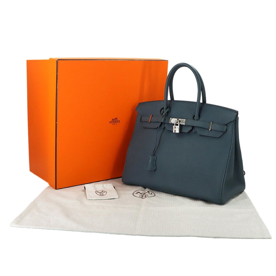 Hermes Birkin 35 Togo Blue Orage Handbag ?P Stamp Silver Hardware: --- Catalog ---Category: SizeSize (HxWxD): 28cm x 35cm x 18cm / 11.02'' x 13.77'' x 7.08''Category: DesignType: HandbagColor: BlueGender: WomenMaterial: Togo leather Category: GeneralBrand: