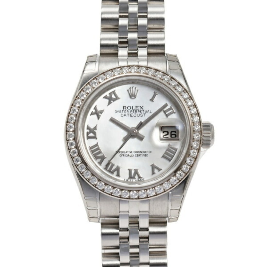 Rolex ROLEX Datejust 26 179384NR White Roman Dial Watch Ladies __: --- Catalog ---Category: SizeWrist Size: 16cm / 6.29''Case Diameter: 26mm / 1.02''Category: DesignType: WristwatchGender: WomenDisplay: AnalogColor (Dial): WhiteMaterial (Band): Stainless steelMateria