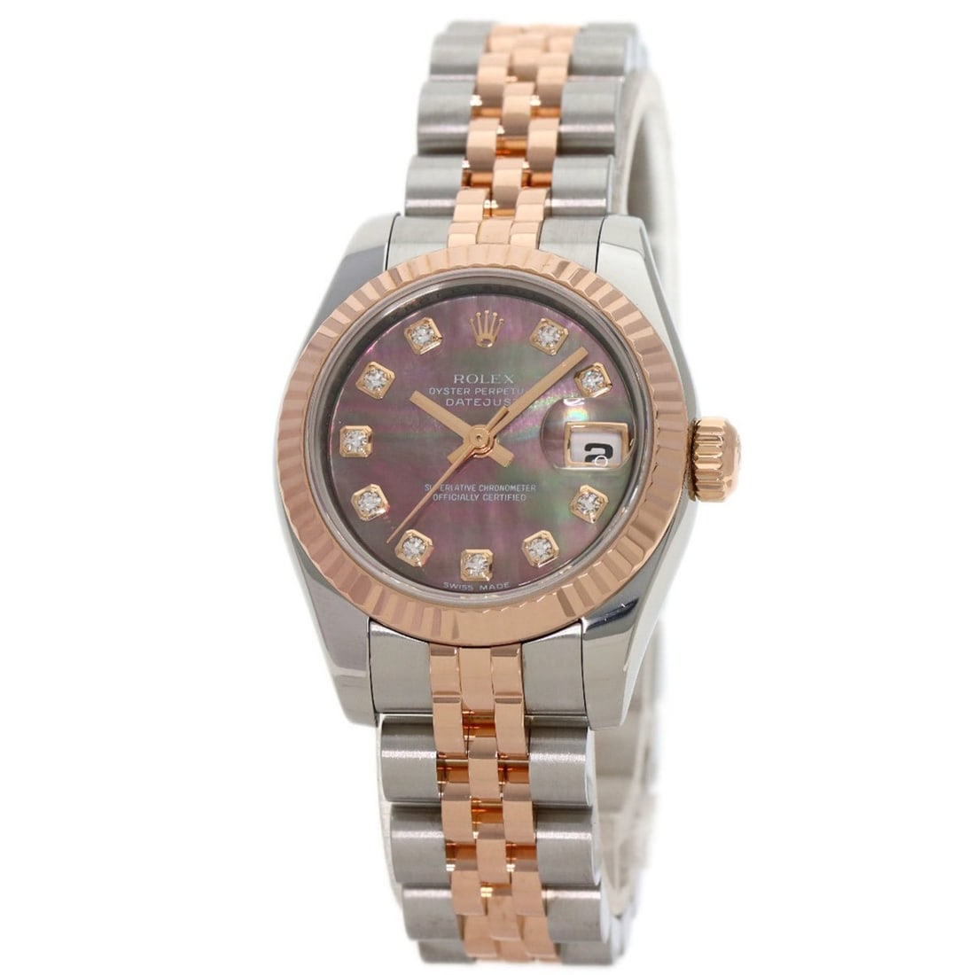 Rolex 179171NG Datejust 10P Diamond Watch Stainless Steel SSxK18PG K18PG Ladies ROLEX: --- Catalog ---Category: SizeWrist Size: 14.5cm / 5.7''Case Diameter: 25.4mm / 1''Case Thickness: 10.4mm / 0.41''Category: DesignType: WristwatchGender: WomenGemstone: DiamondColor (Dial): Black shell