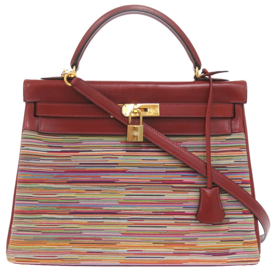 Hermes Kelly 32, in-stitched, Vibrato, box calf, Rouge H, F stamp, handbag, red, 1537 HERMES: --- Catalog ---Category: SizeSize (HxWxD): 23cm x 32cm x 12cm / 9.05'' x 12.59'' x 4.72''Category: DesignType: HandbagColor: Rouge HGender: WomenMaterial: Box calf leather , Vibrato leather Hardware