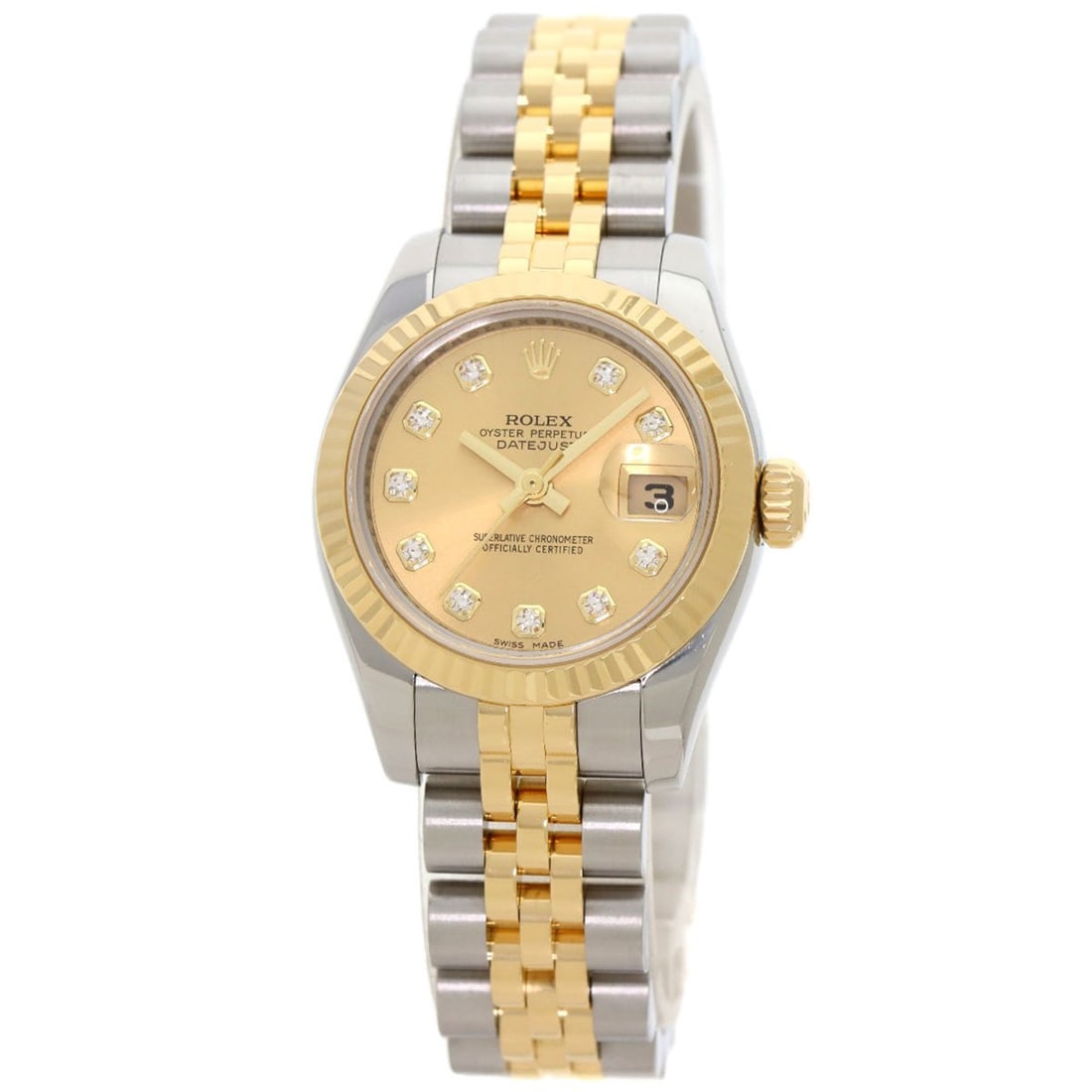 Rolex 179173G Datejust 10P Diamond Watch Stainless Steel SSxK18YG Ladies ROLEX: --- Catalog ---Category: SizeWrist Size: 15.5cm / 6.1''Case Diameter: 26mm / 1.02''Case Thickness: 10.4mm / 0.41''Category: DesignType: WristwatchGender: WomenGemstone: DiamondColor (Dial): GoldMateri