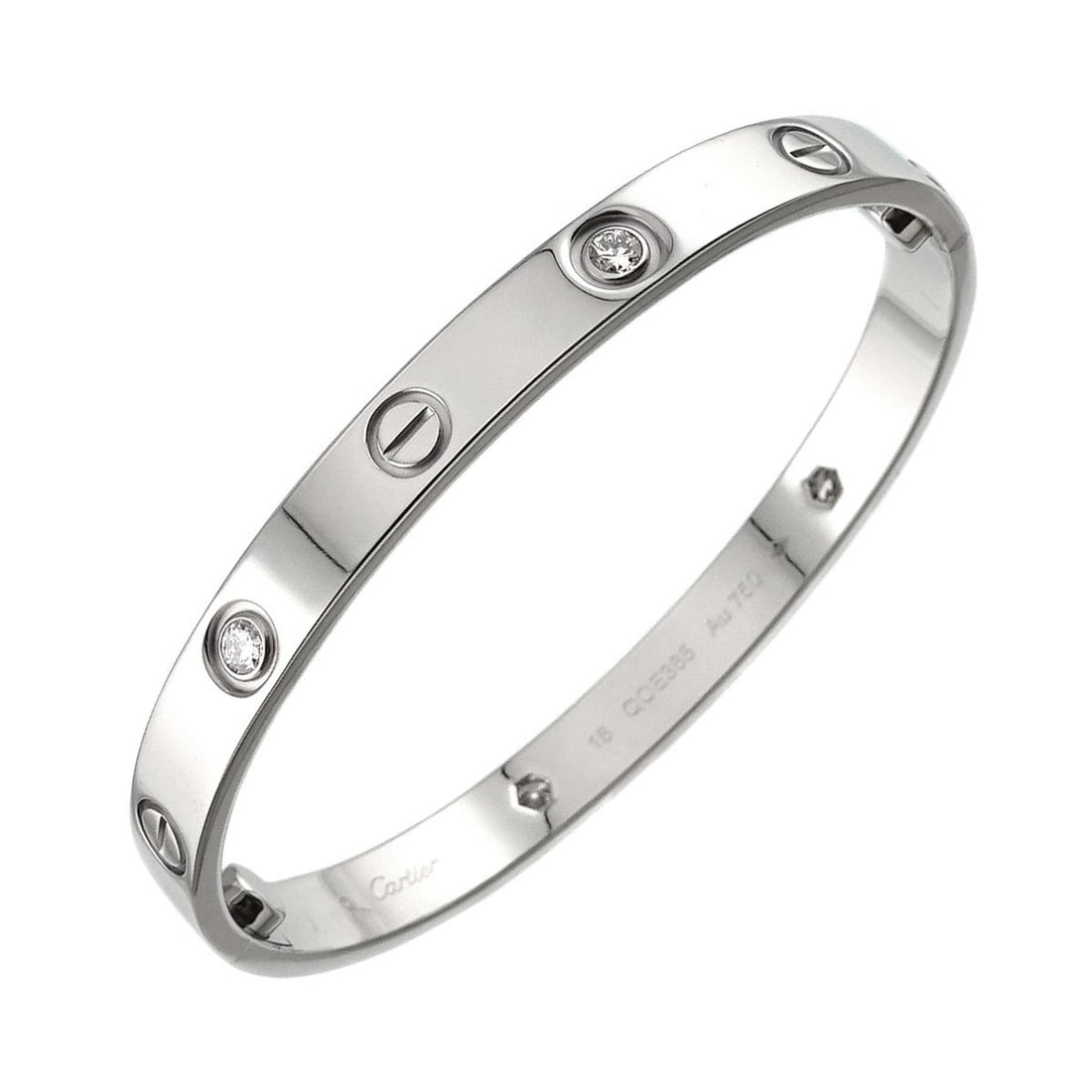 Cartier Love Bracelet Half Diamond 4P #16 K18 WG White Gold 750 Bangle: --- Catalog ---Category: SizeLength: 15cm / 5.9''Category: DesignType: Charm braceletStone: DiamondGender: WomenMaterial: White gold (18K)Category: GeneralBrand: Cartier--- Item List ---Section: Condi