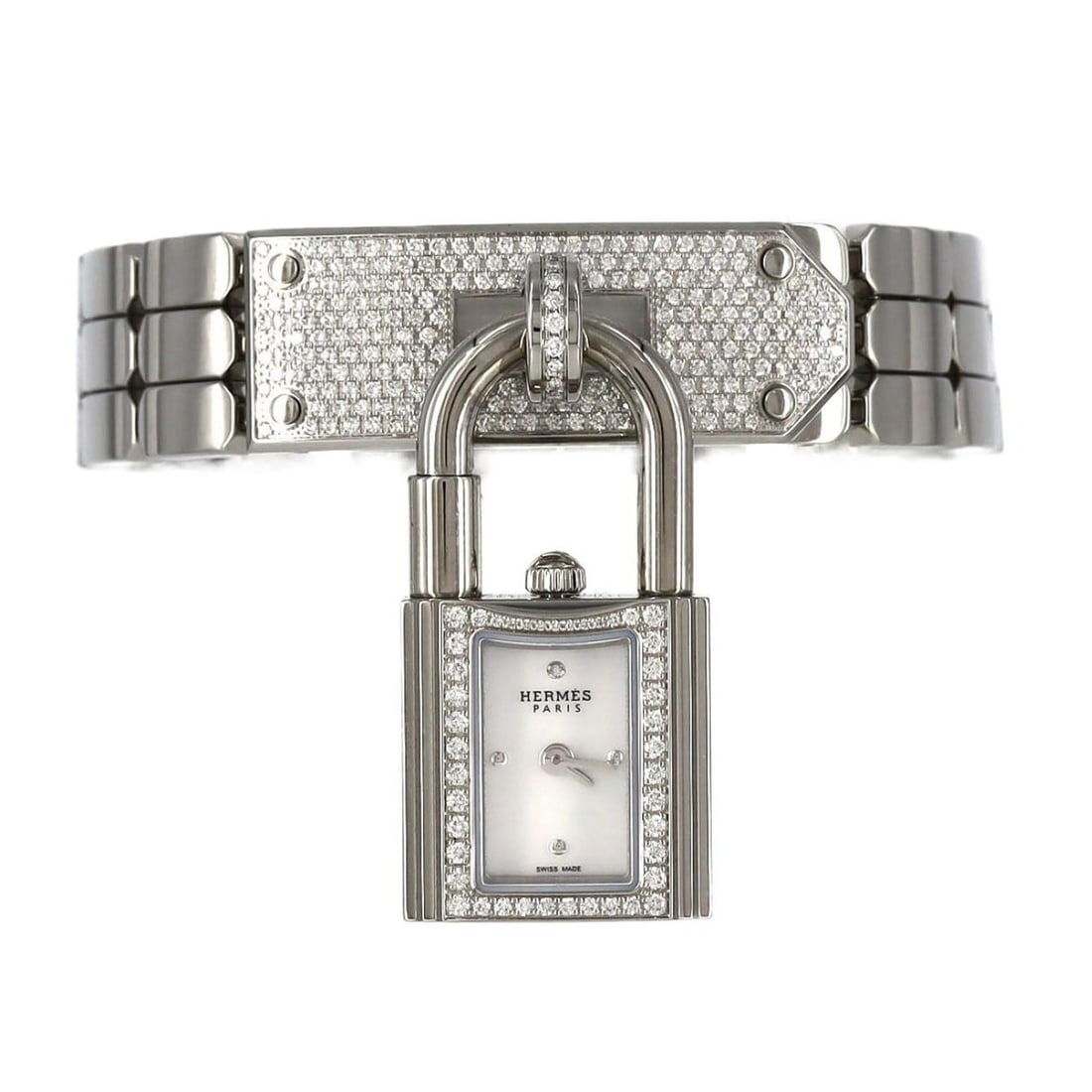Hermès Kelly D-1P KE4.131 Stainless Steel Quartz Watch: --- Catalog ---Category: SizeWrist Size: 13.5cm / 5.31''Case Diameter: 16mm / 0.63''Category: DesignType: WristwatchGender: WomenDisplay: AnalogGemstone: DiamondColor (Dial): Mother of pearlMaterial
