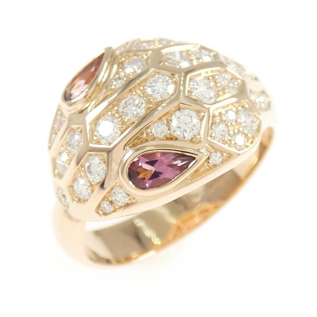 Bvlgari Serpenti Ring: --- Catalog ---Category: SizeWidth: 13.3mm / 0.52''Weight: 7.8g / 0.27oz.JP Size: 17US Size: 8.5Category: DesignType: Band ringStone: Diamond, TourmalineGender: WomenMaterial: Pink gold (18K)Category: