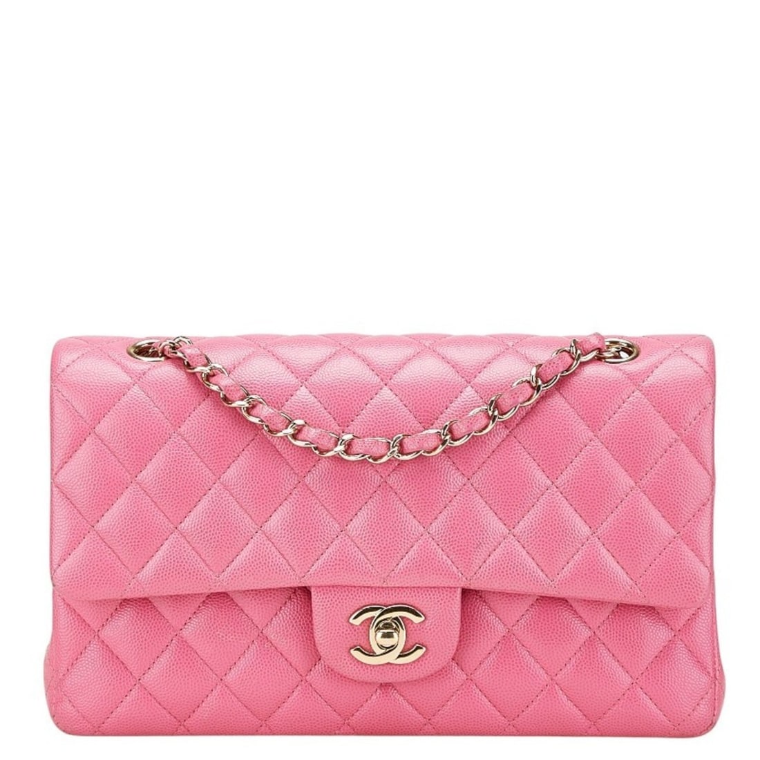 CHANEL Coco Mark Matelasse 25 Double Flap Chain Shoulder Bag in Pink Caviar Leather with Gold (1 of 16)