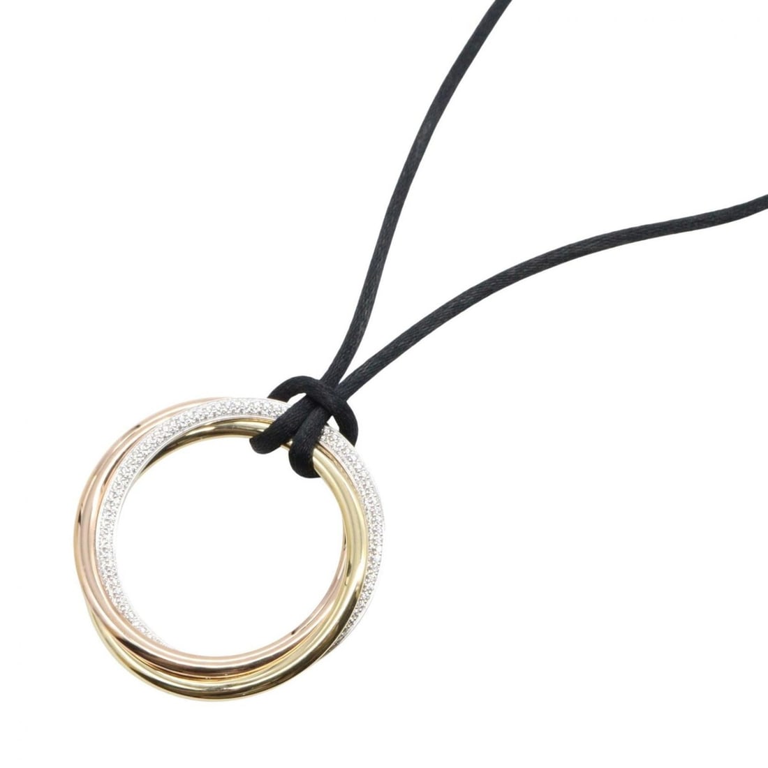 Cartier Trinity Diamond Cord Necklace. Available in 18K Yellow Gold, White and Pink Gold. gold,: --- Catalog ---Category: SizePendant Size: 40mm x 40mm / 1.57'' x 1.57''Neck Circumference: 58 cm / 22.83''Category: DesignColor: Clear, Gold, SilverGender: WomenMaterial: Pink gold (18K), White gold 