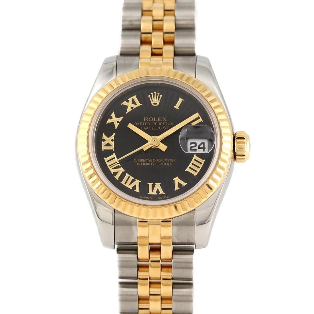 Rolex Datejust 179173 SSxYG Automatic Watch D serial number: --- Catalog ---Category: SizeWrist Size: 15.5cm / 6.1''Case Diameter: 26mm / 1.02''Category: DesignType: WristwatchGender: WomenColor (Dial): BlackMaterial (Band): Stainless steel, Yellow goldMaterial