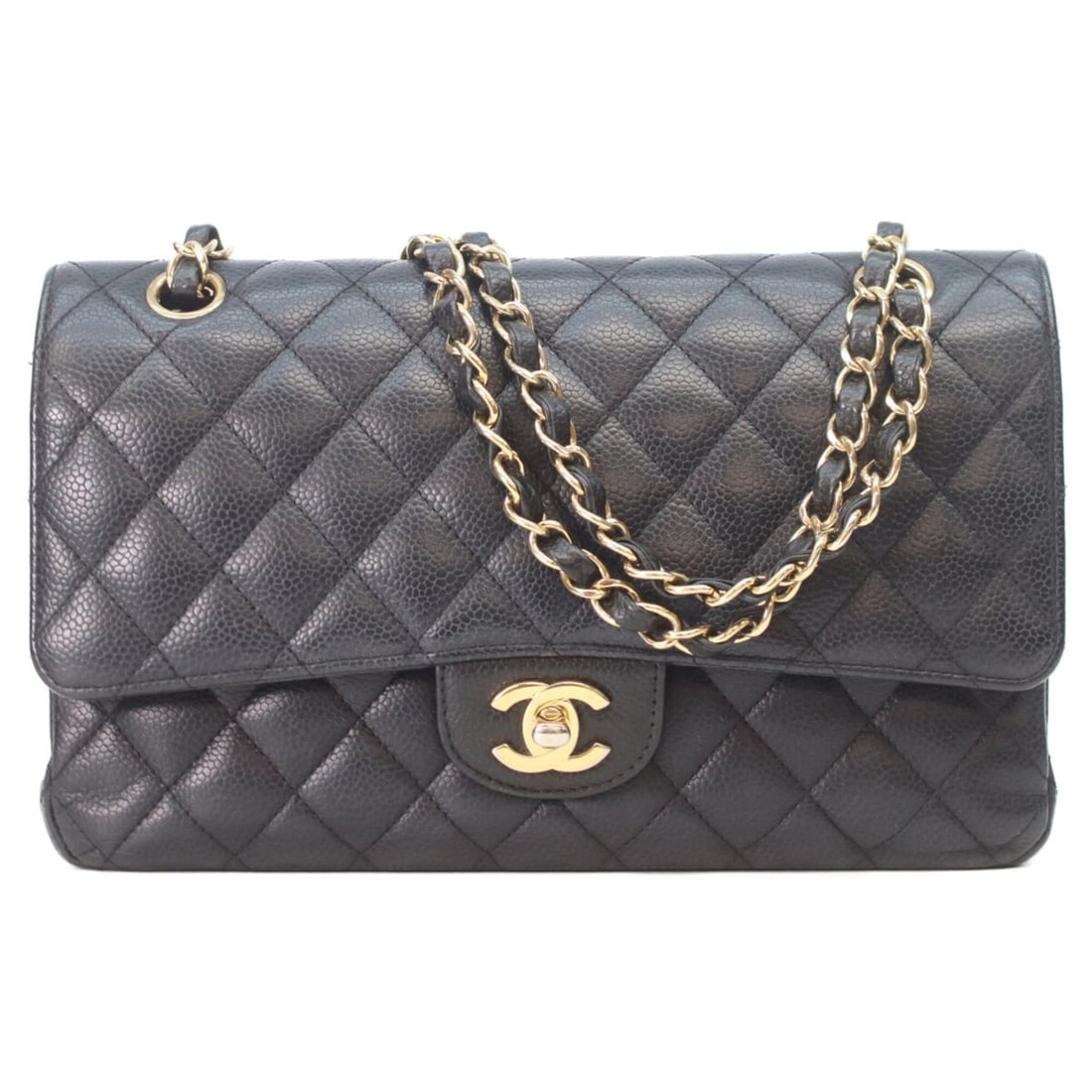 CHANEL Matelassé 25 Shoulder Bag, No. 27, A01112, Black Caviar Leather, Gold Hardware, Women's.: --- Catalog ---Category: SizeSize (HxWxD): 15cm x 25cm x 6cm / 5.9'' x 9.84'' x 2.36''Category: DesignType: Shoulder bagColor: BlackGender: WomenMaterial: Grained Calfskin Hardware Color: GoldCategory
