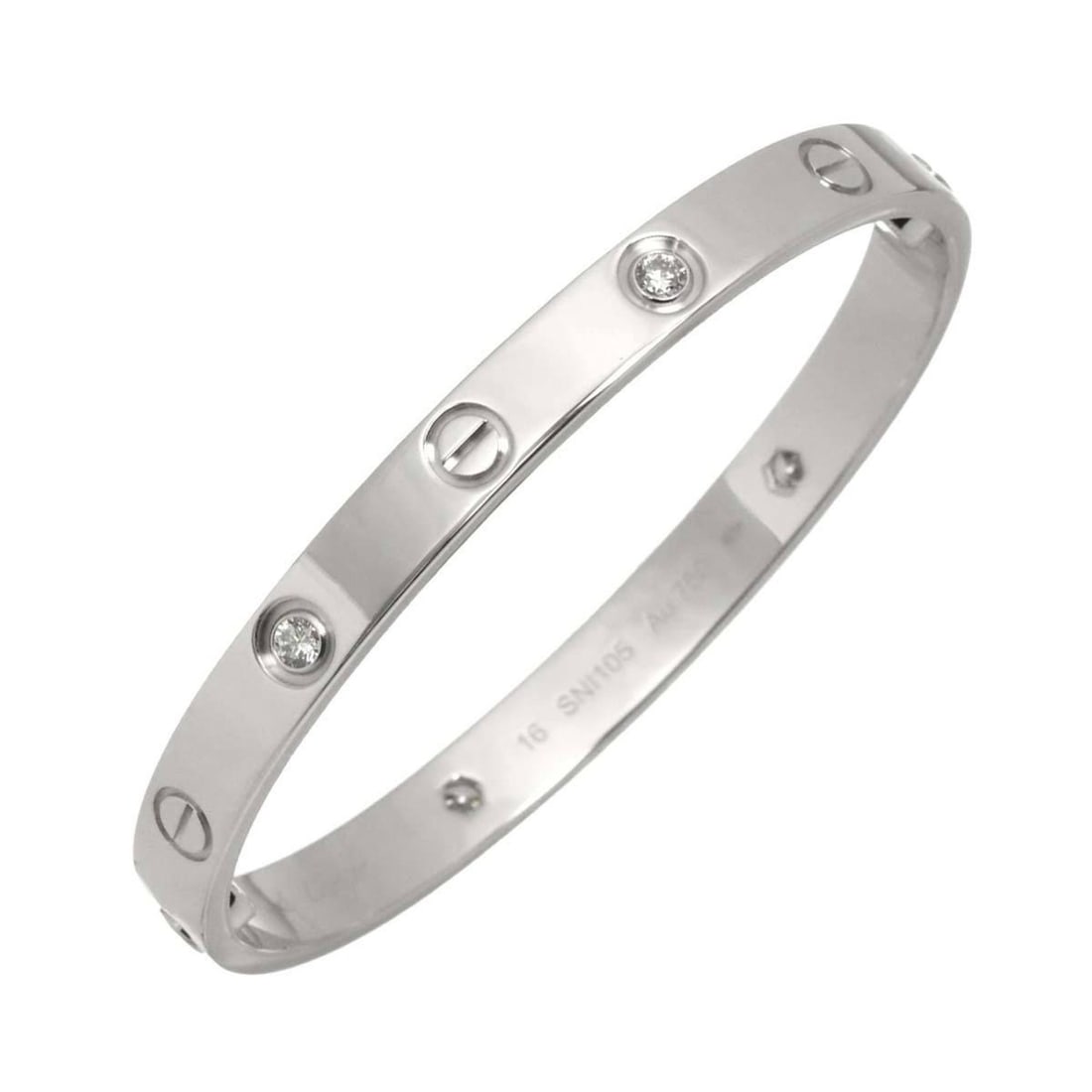 Cartier Love Bracelet, 4 Half Diamonds, #16, 18K White Gold 750, Bracelet Bangle: --- Catalog ---Category: SizeLength: 15cm / 5.9''Category: DesignType: BangleGender: WomenMaterial: White gold (18K)Category: GeneralBrand: Cartier--- Item List ---Section: ConditionRanking: Rank SA U