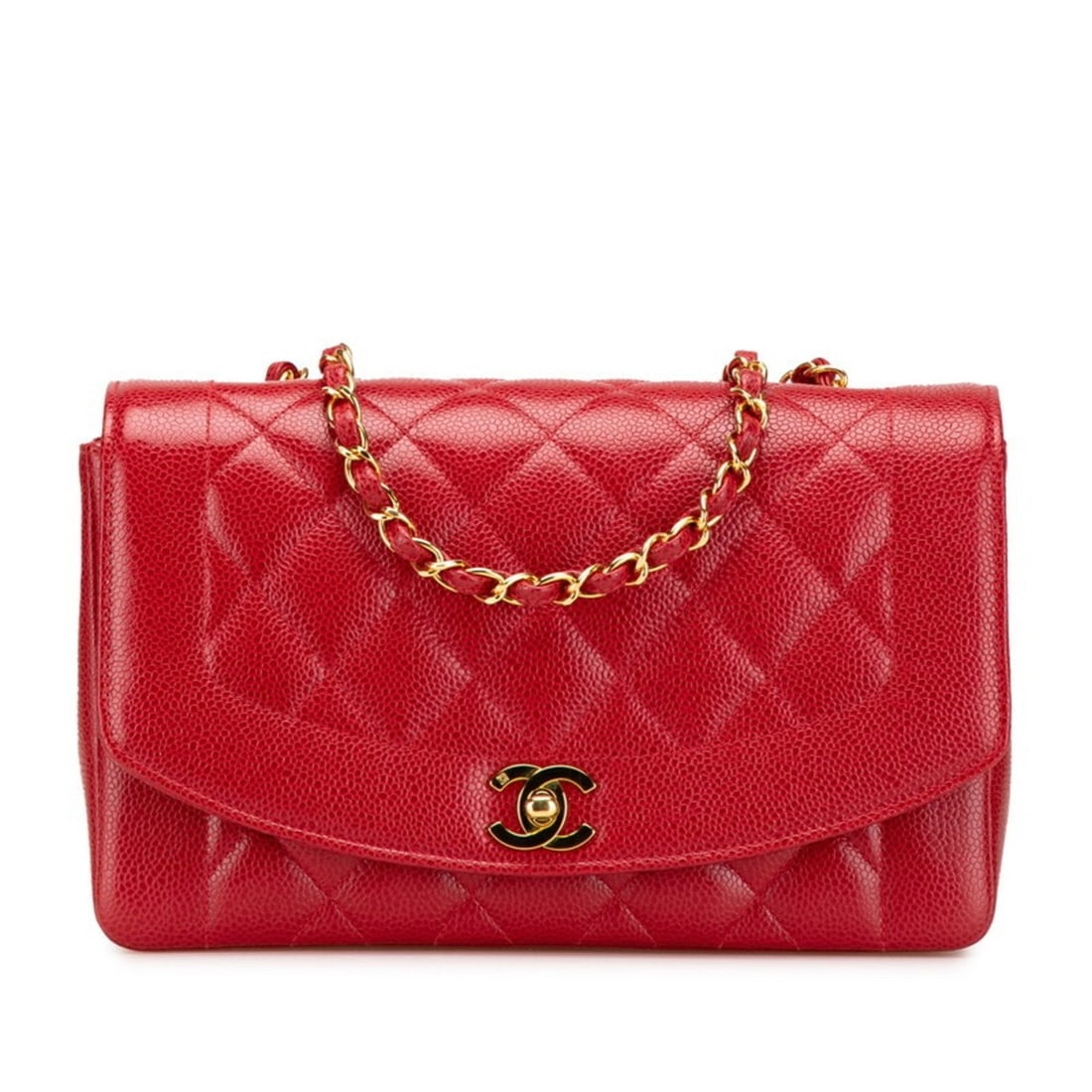 CHANEL Matelasse Coco Mark Diana Flap Chain Shoulder Bag in Red Caviar Skin for Women: --- Catalog ---Category: SizeSize (HxWxD): 15cm x 24.5cm x 7.5cm / 5.9'' x 9.64'' x 2.95''Strap Length: 51cm / 20.07''Category: DesignType: Shoulder bagColor: Red colorGender: WomenClosure: FlapMateri