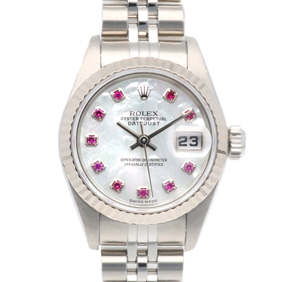 Rolex Datejust Oyster Perpetual Watch, Stainless Steel, Automatic, Women's, 79174NGR, ROLEX: --- Catalog ---Category: SizeWrist Size: 17cm / 6.69''Case Diameter: 26mm / 1.02''Category: DesignType: WristwatchGender: WomenDisplay: AnalogGemstone: RubyColor (Dial): White shellMaterial (Band): St