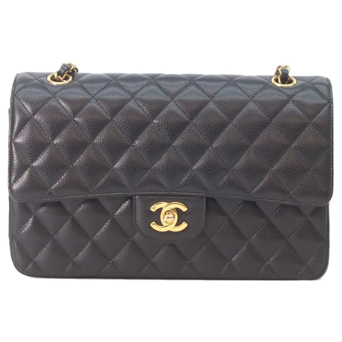 CHANEL A01112 Black Caviar Leather Matelassé 25 Shoulder Bag with Gold GP Hardware (Women's): --- Catalog ---Category: SizeSize (HxWxD): 16cm x 26cm x 7cm / 6.29'' x 10.23'' x 2.75''Category: DesignType: Shoulder bagColor: BlackGender: WomenMaterial: Grained Calfskin Hardware Color: GoldCatego