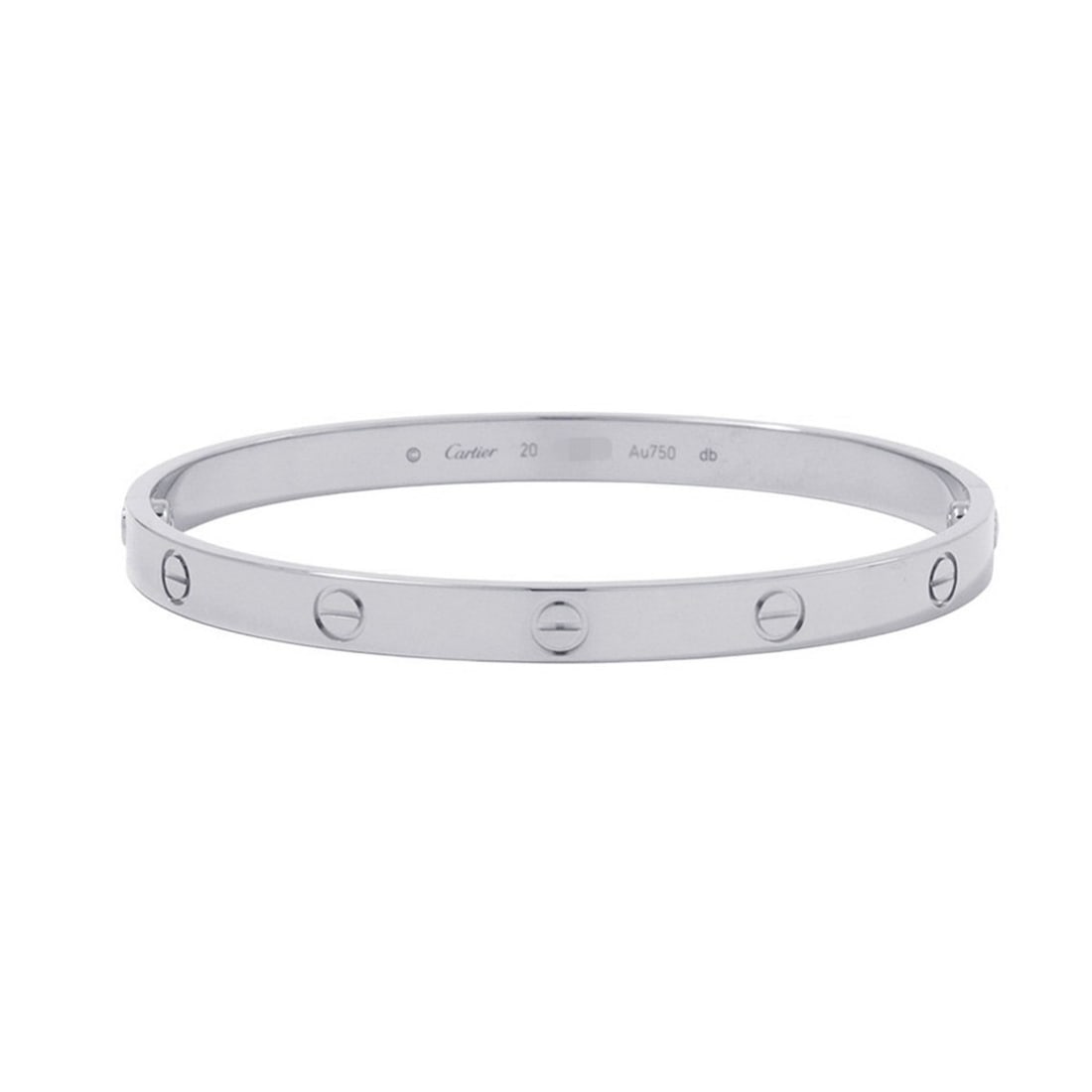 Cartier Love Bracelet Classic Model 18K White Gold Size 20 LOVE Bangle: --- Catalog ---Category: SizeWidth: 5.8mm / 0.22''Length: 19cm / 7.48''Weight: 39.7g / 1.4oz.Category: DesignType: Charm braceletGender: WomenMaterial: White gold (18K)Category: GeneralLine: LoveBrand
