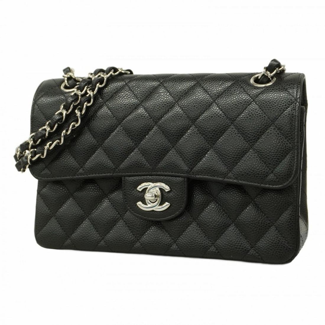 Chanel Shoulder Bag Matelasse W Flap Chain Caviar Skin Black Women's: --- Catalog ---Category: SizeSize (HxWxD): 15cm x 22.5cm x 6.5cm / 5.9'' x 8.85'' x 2.55''Category: DesignType: Shoulder bagColor: BlackGender: WomenMaterial: Caviar leather Hardware Color: SilverCate