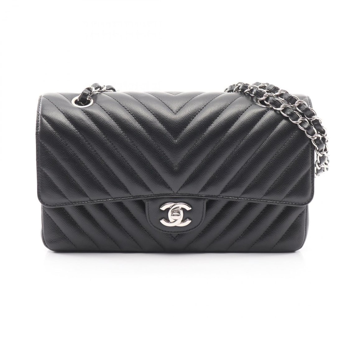 Chanel Chevron V-stitch Double Flap Shoulder Bag/Handbag, Caviar Leather (Grained Calfskin),: --- Catalog ---Category: SizeSize (HxWxD): 15cm x 25cm x 6.5cm / 5.9'' x 9.84'' x 2.55''Category: DesignType: Shoulder bagColor: BlackGender: WomenMaterial: Grained Calfskin Category: GeneralBrand: