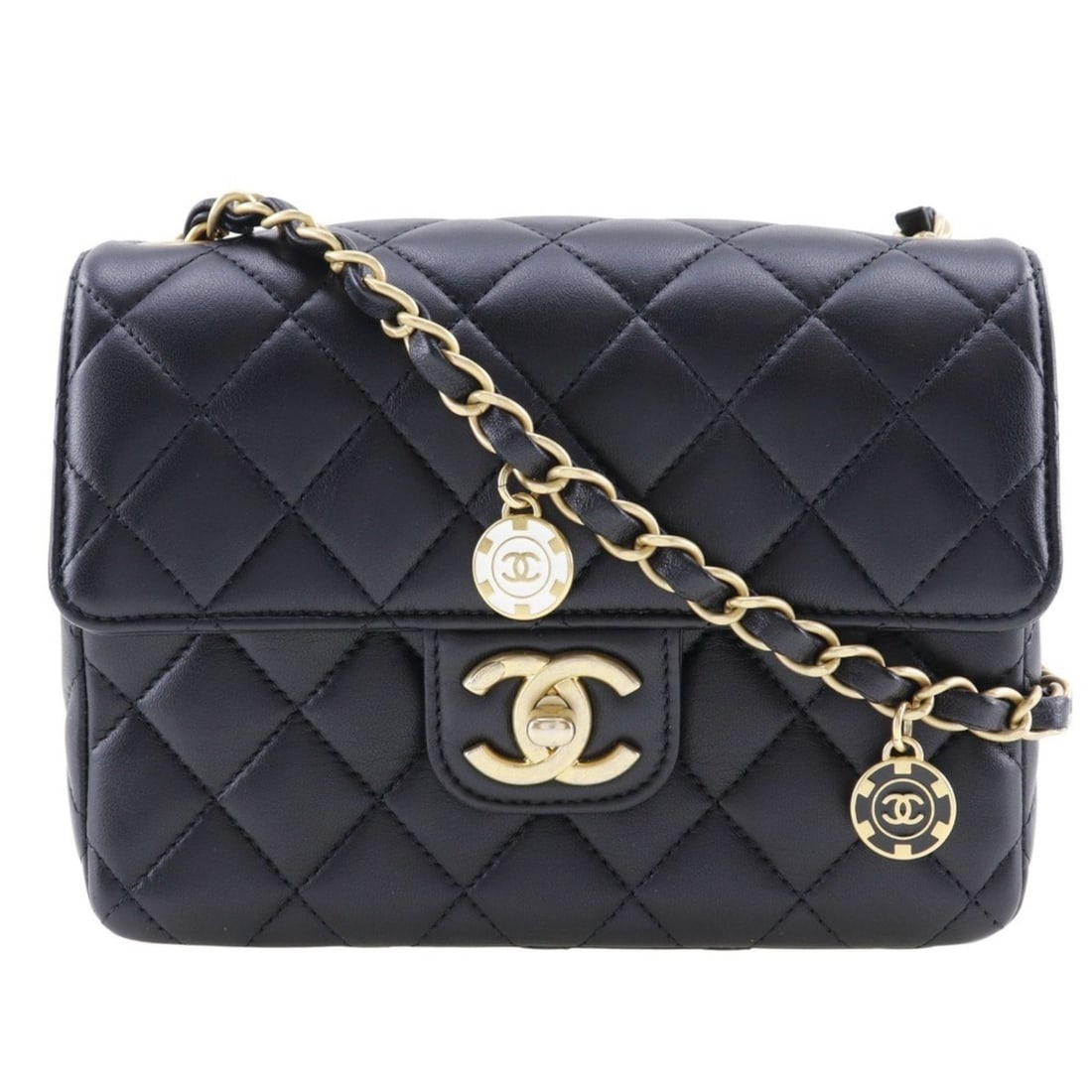 CHANEL Matelasse Shoulder Bag Chain Coco Mark Charm Calfskin Black Turn Lock Women's: --- Catalog ---Category: SizeSize (HxWxD): 14cm x 19cm x 6.5cm / 5.51'' x 7.48'' x 2.55''Category: DesignType: Shoulder bagColor: BlackGender: WomenMaterial: Leather Leather/Fur Type: CalfskinCategory