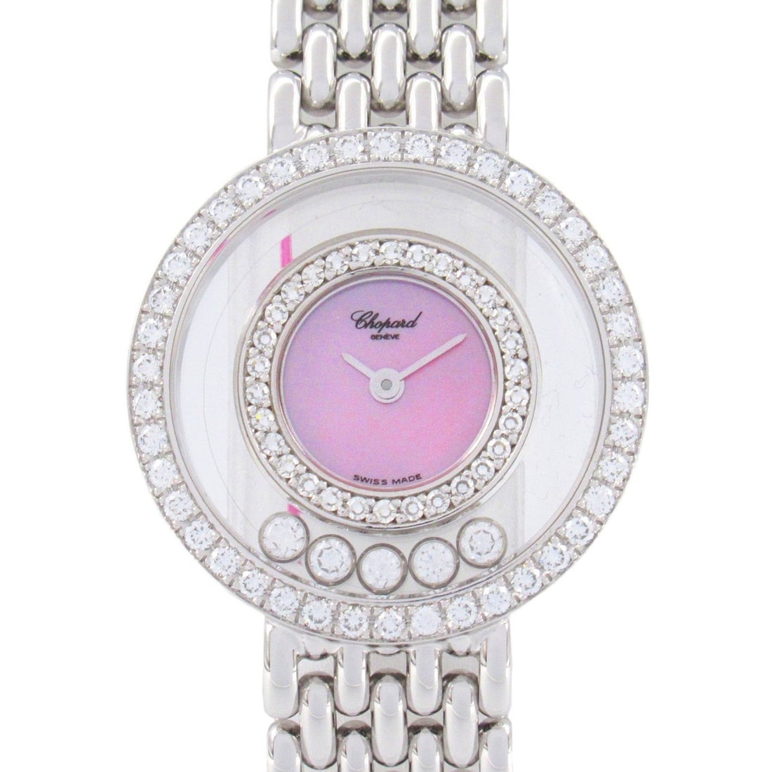 Chopard Happy Diamond Bezel Wristwatch K18WG (White Gold) Ladies Pink Shell 20 5691: --- Catalog ---Category: SizeWrist Size: 15cm / 5.9''Case Diameter: 23mm / 0.91''Category: DesignType: WristwatchGender: WomenDisplay: AnalogGemstone: DiamondColor (Dial): Pink shellMaterial (Band):
